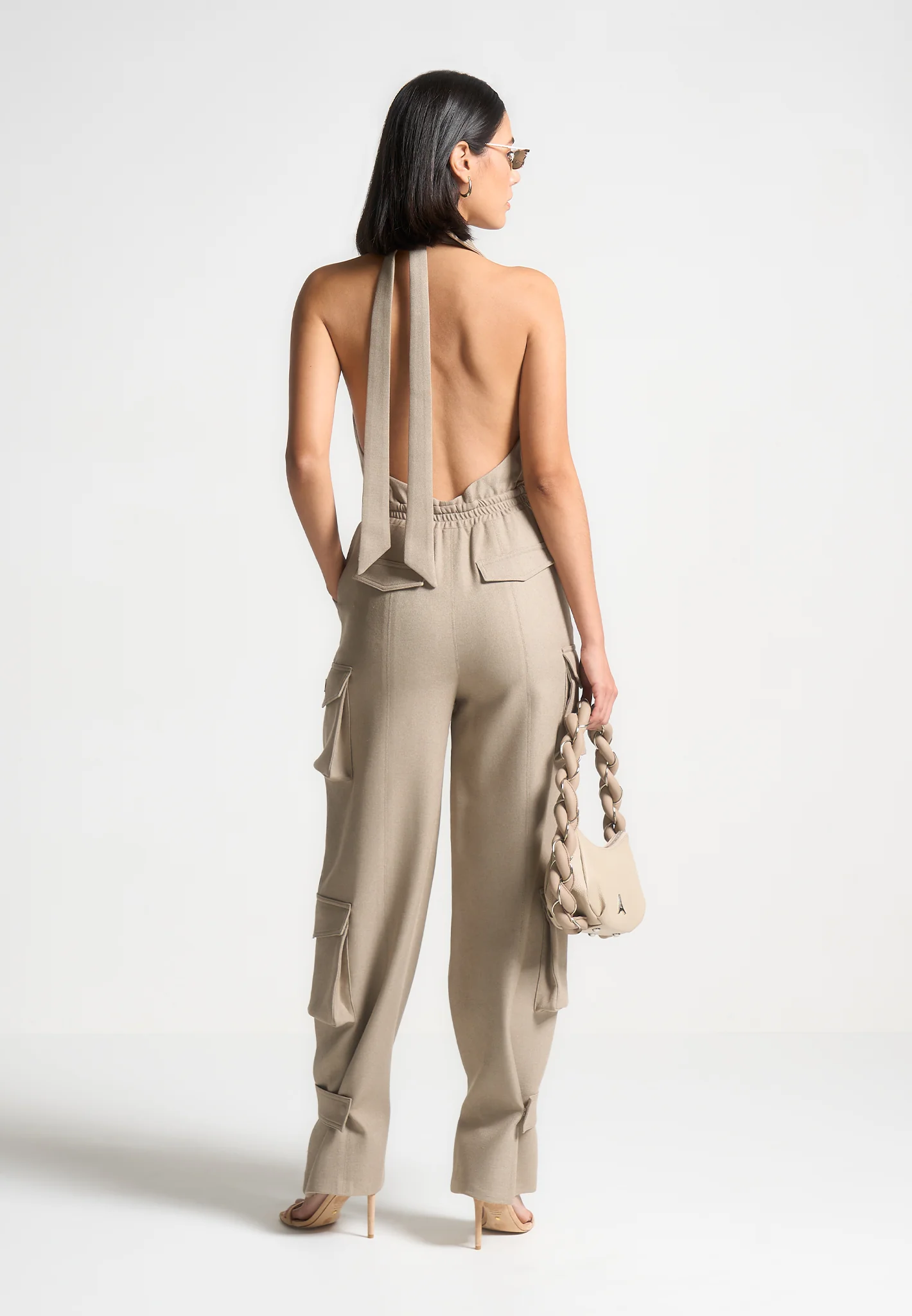 Tailored Halterneck Cargo Jumpsuit - Beige - Image 3