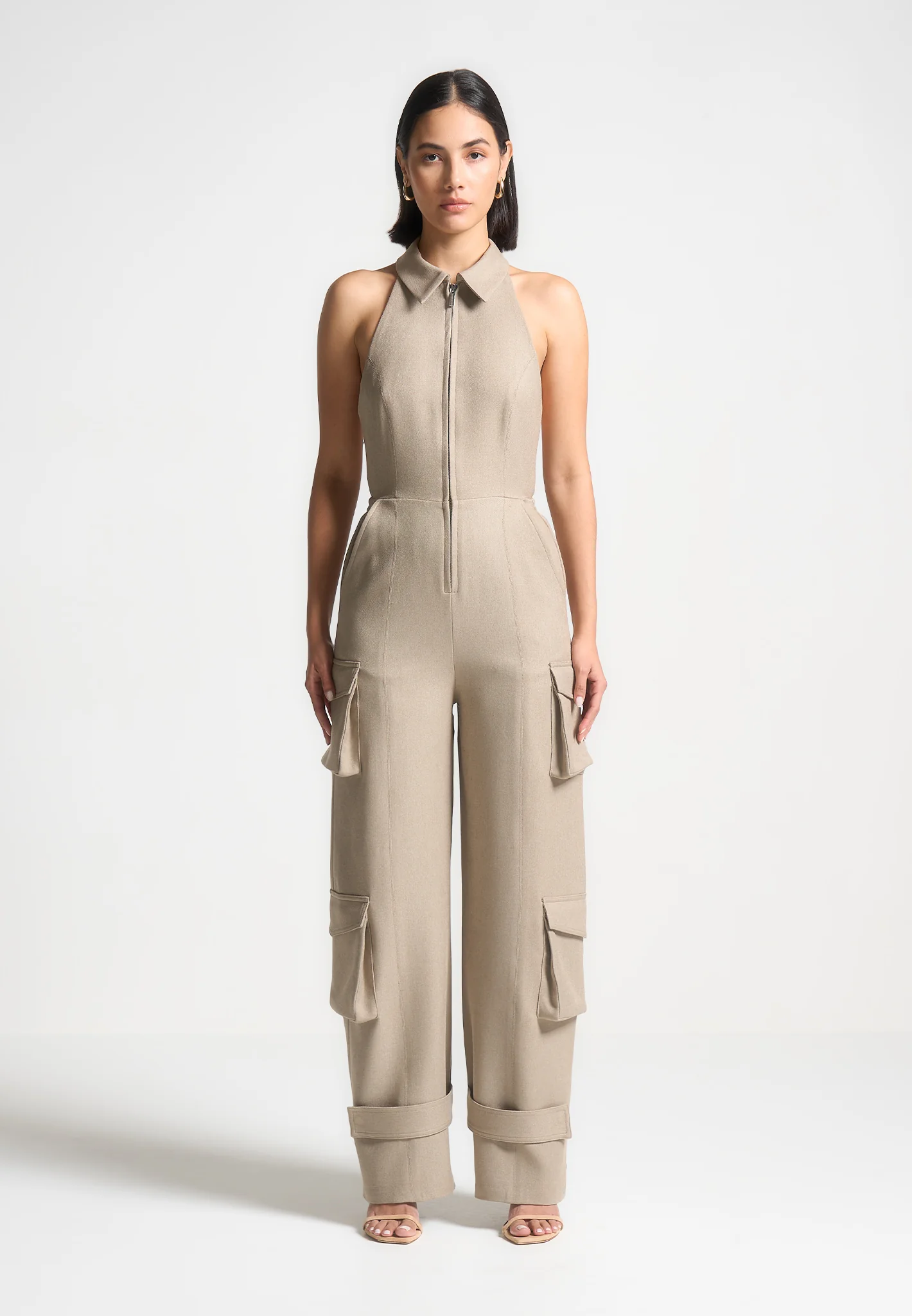 Tailored Halterneck Cargo Jumpsuit - Beige - Image 4