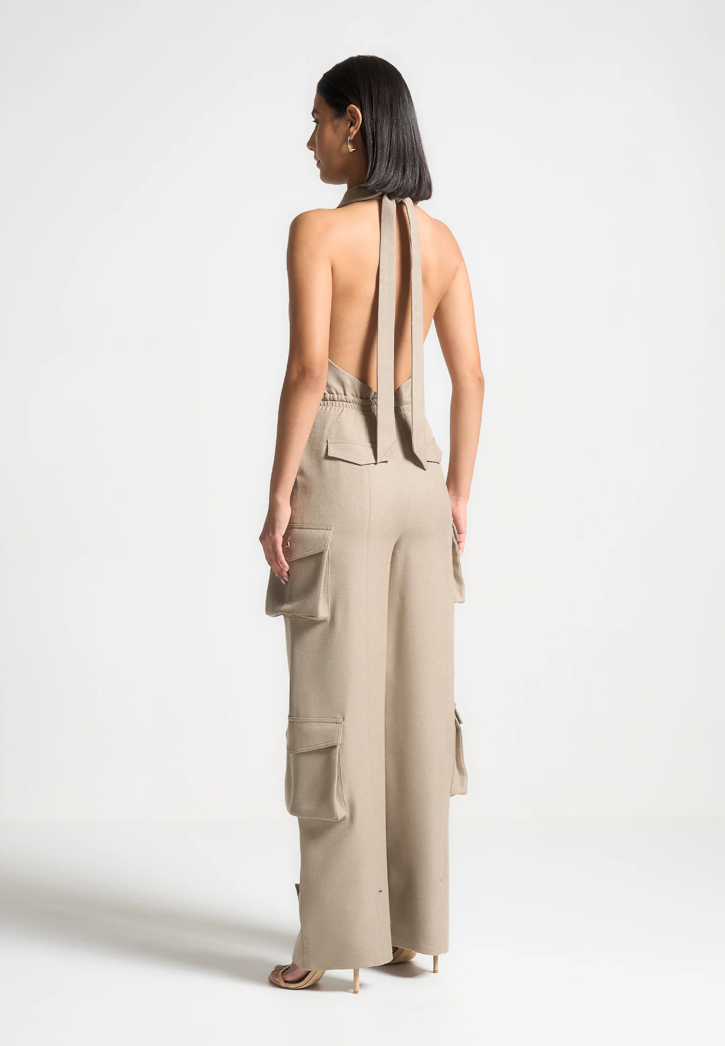 Tailored Halterneck Cargo Jumpsuit - Beige - Image 5