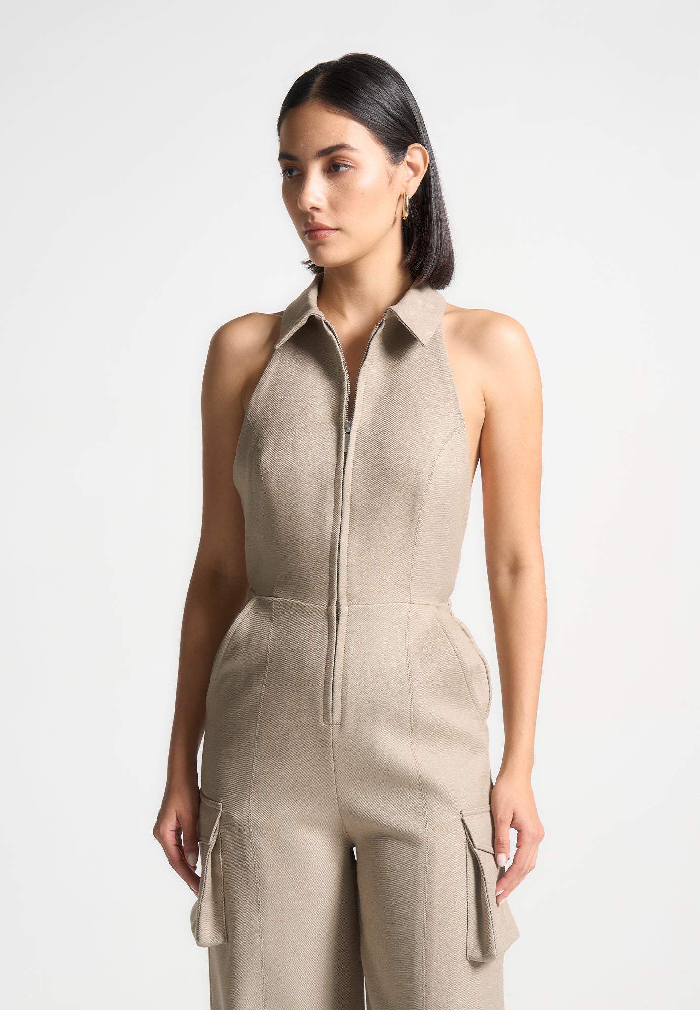 Tailored Halterneck Cargo Jumpsuit - Beige - Image 6