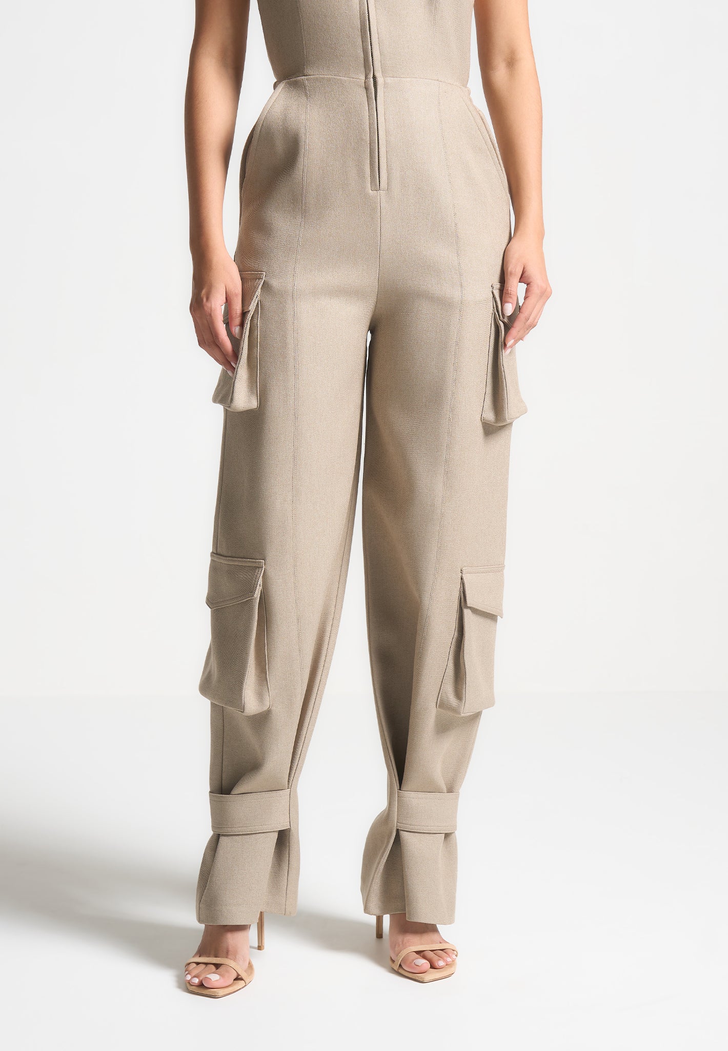 Tailored Halterneck Cargo Jumpsuit - Beige - Image 8