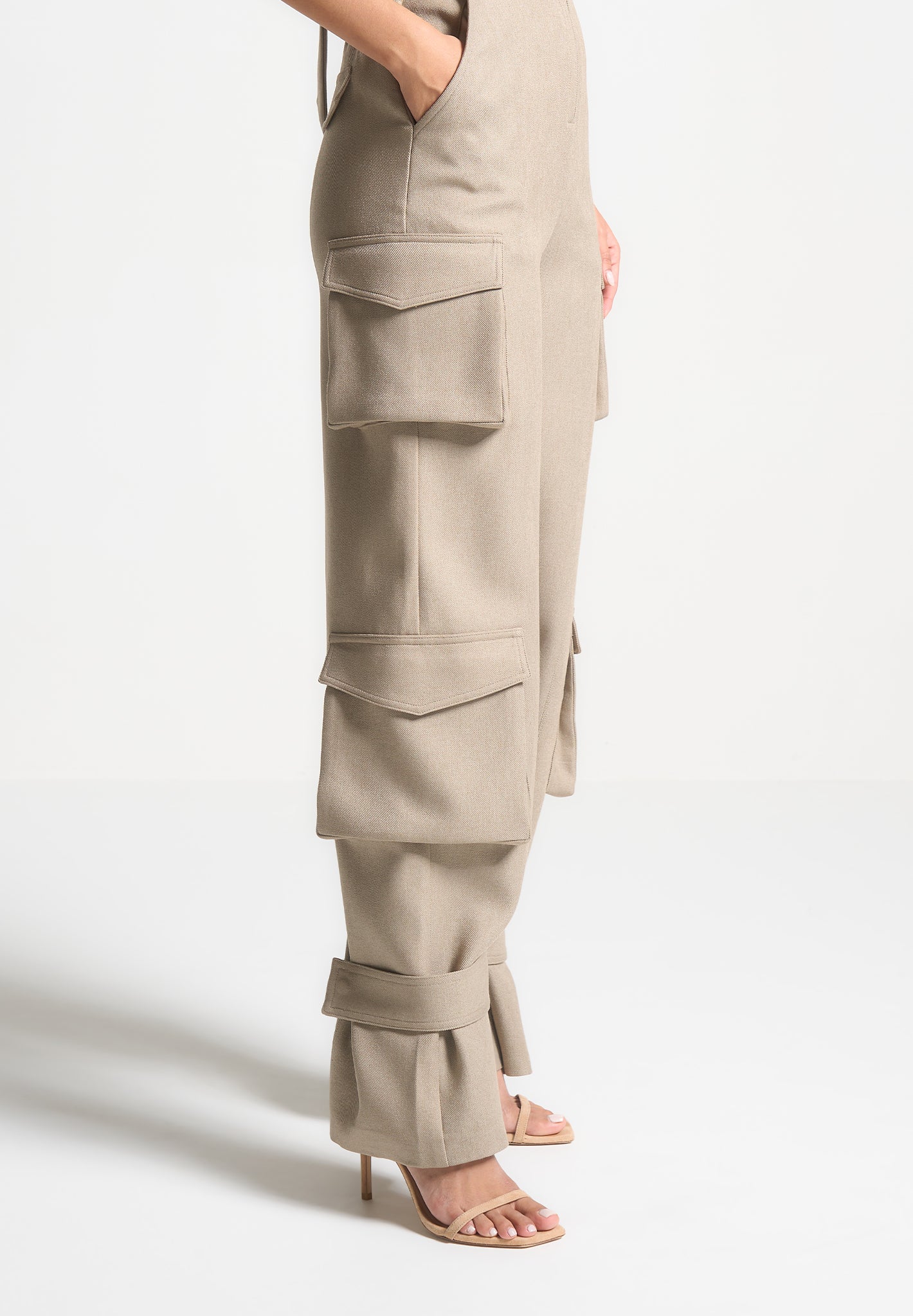 Tailored Halterneck Cargo Jumpsuit - Beige - Image 9
