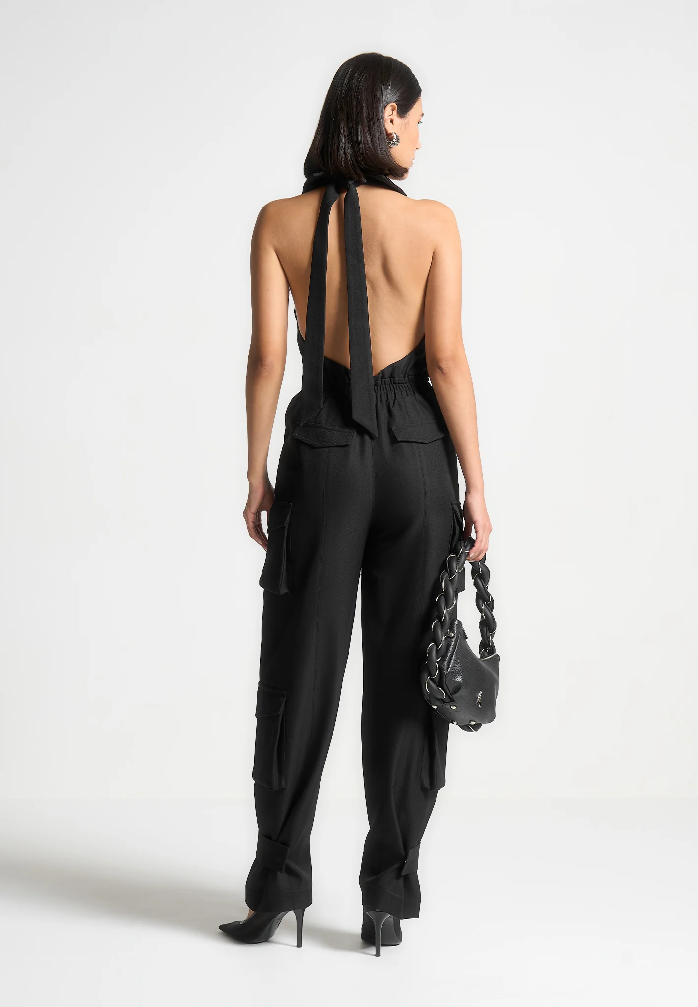 Tailored Halterneck Cargo Jumpsuit - Black - Image 2