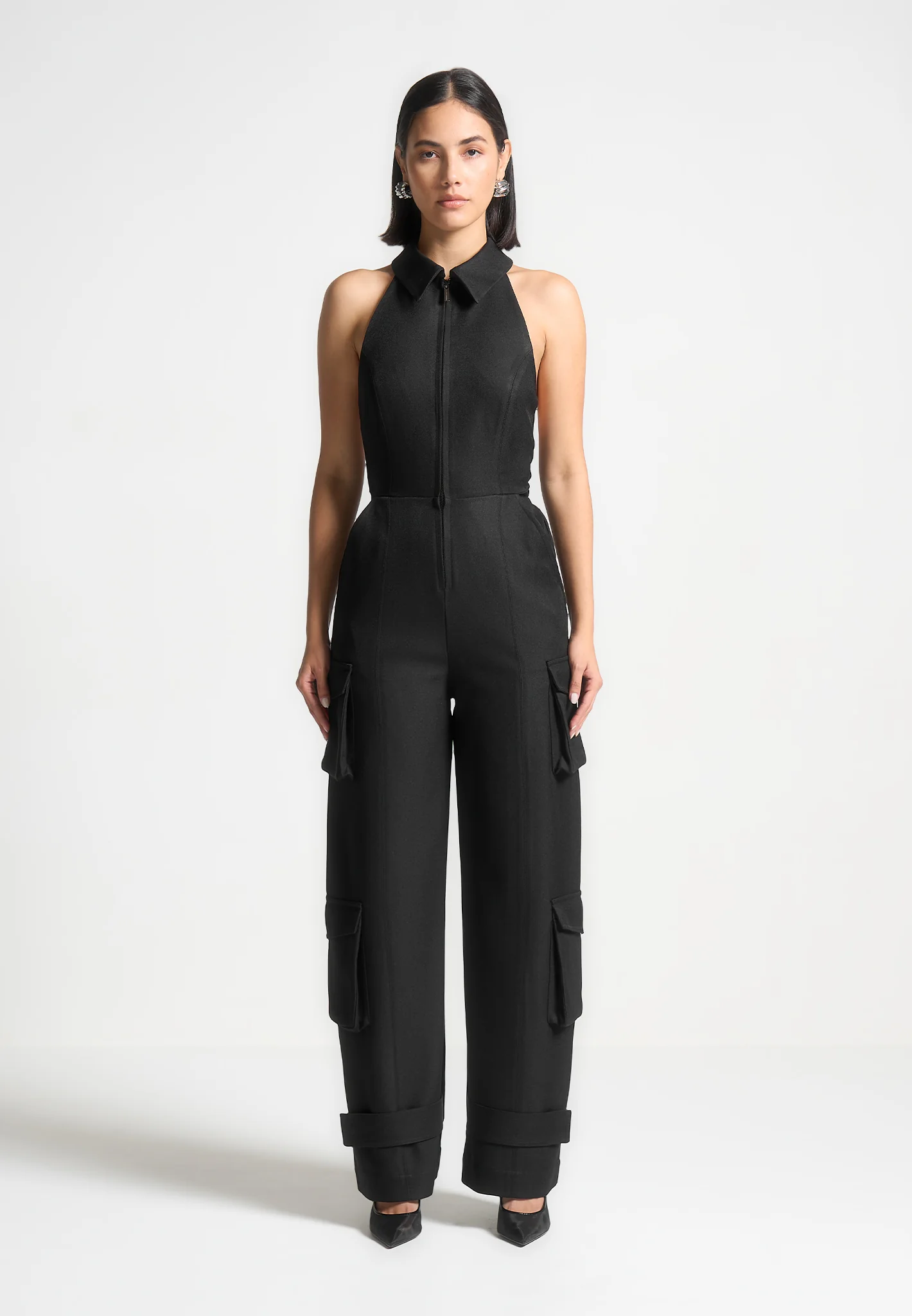 Tailored Halterneck Cargo Jumpsuit - Black - Image 3