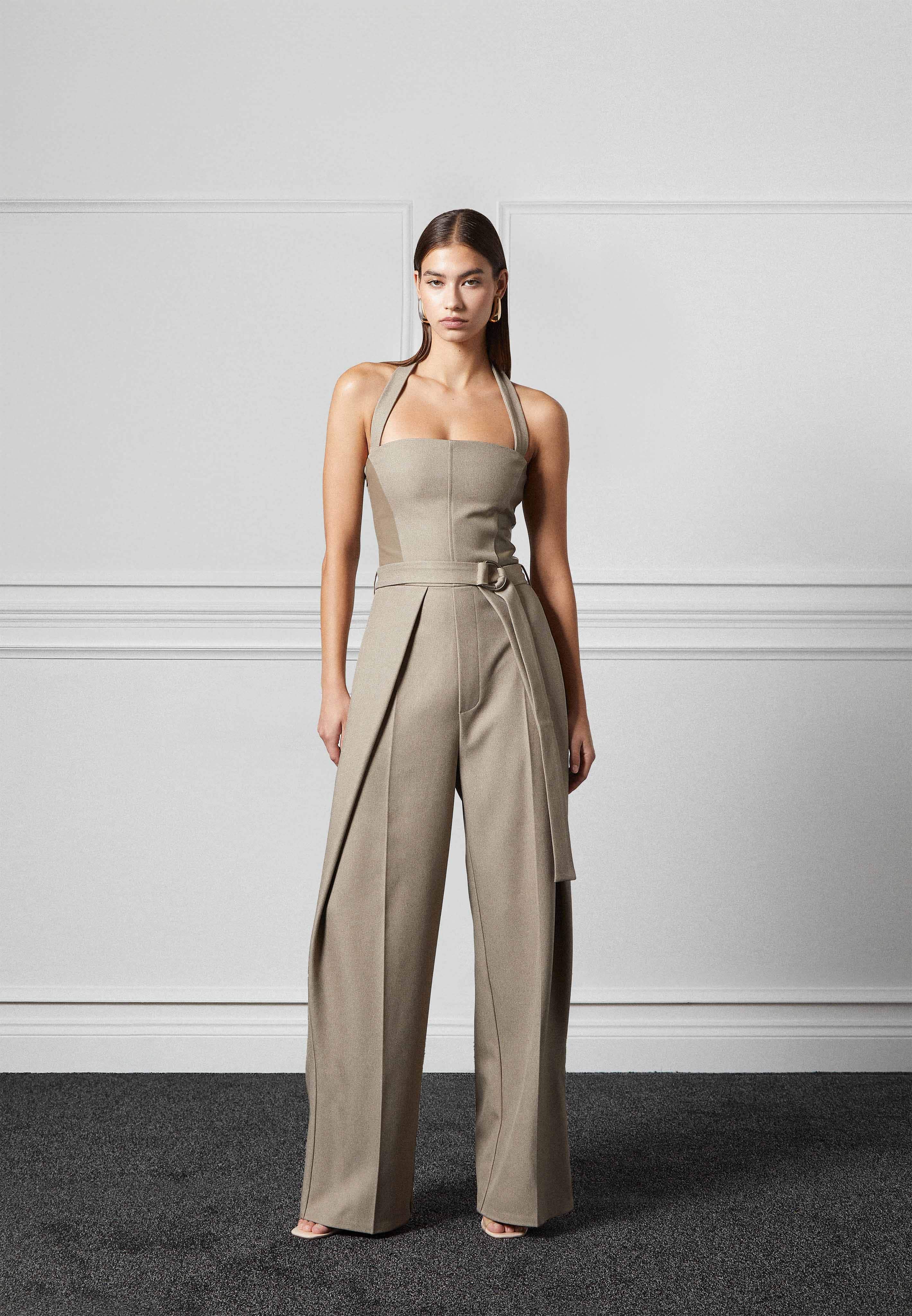 Sabine - Tailored Pleat Jumpsuit with Belt - Beige - Image 2