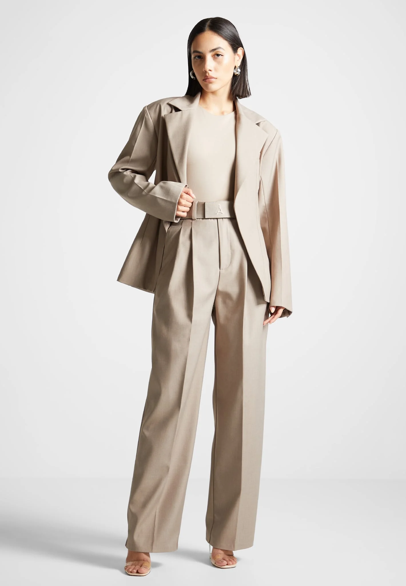 Tailored Pleated Trousers with Eiffel Belt - Taupe - Image 2