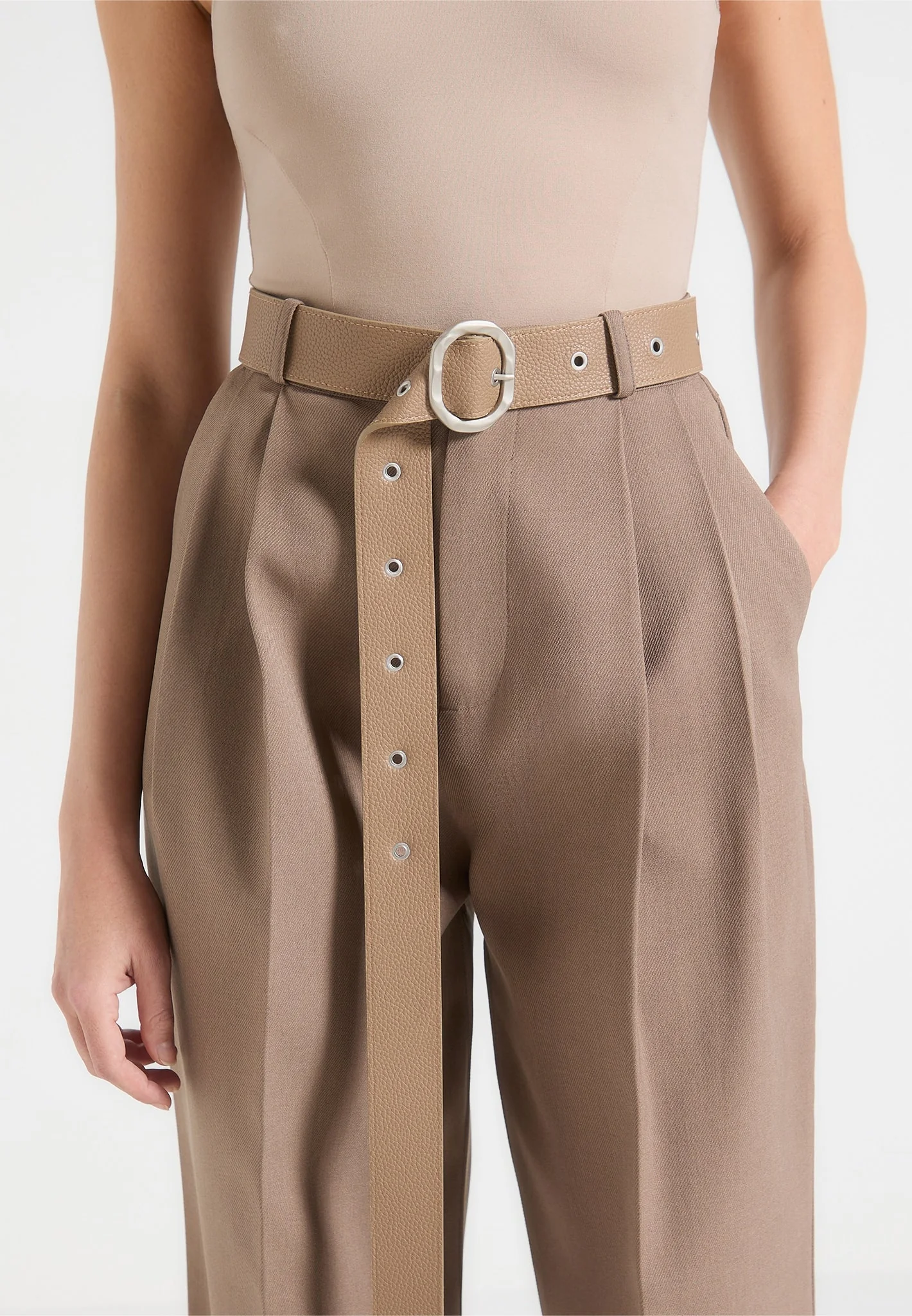 Suzanne - Tailored Trousers with Oversized Belt and Ankle Ties - Taupe - Image 3