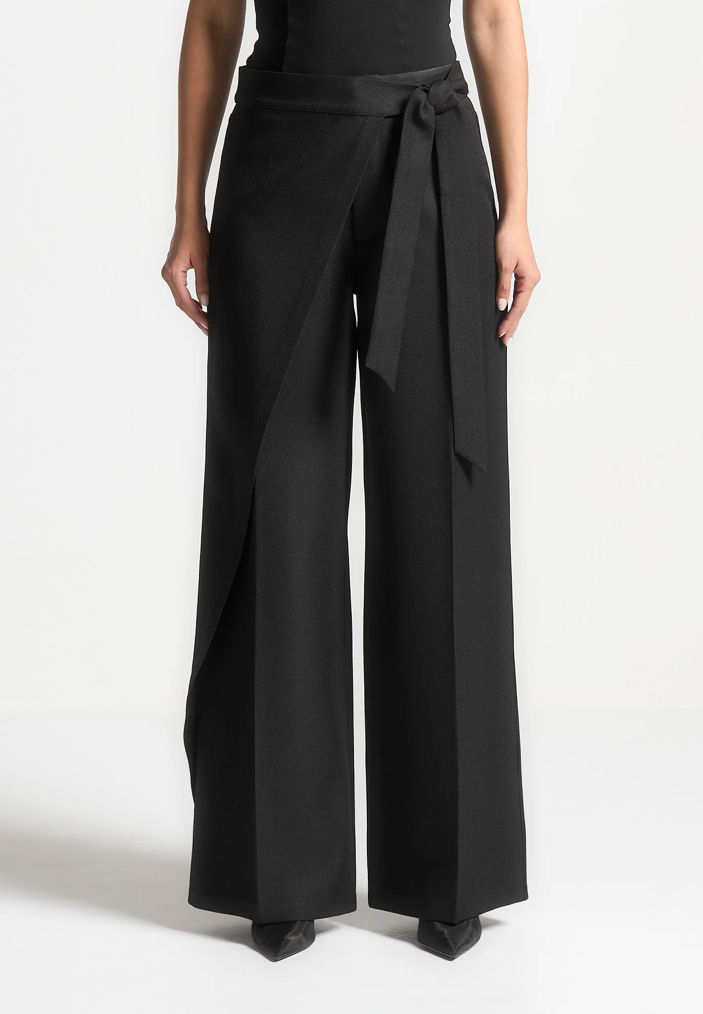 Tailored Wrap Trousers with Tie - Black - Image 3