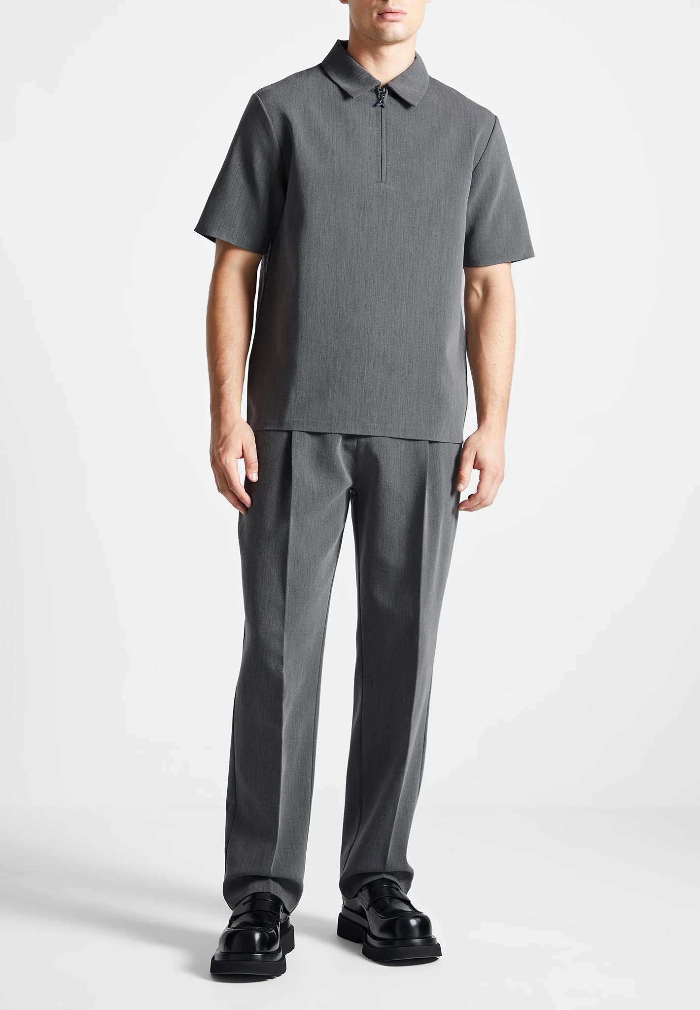 Tailored Zip Polo Top - Dark Grey - Image 2