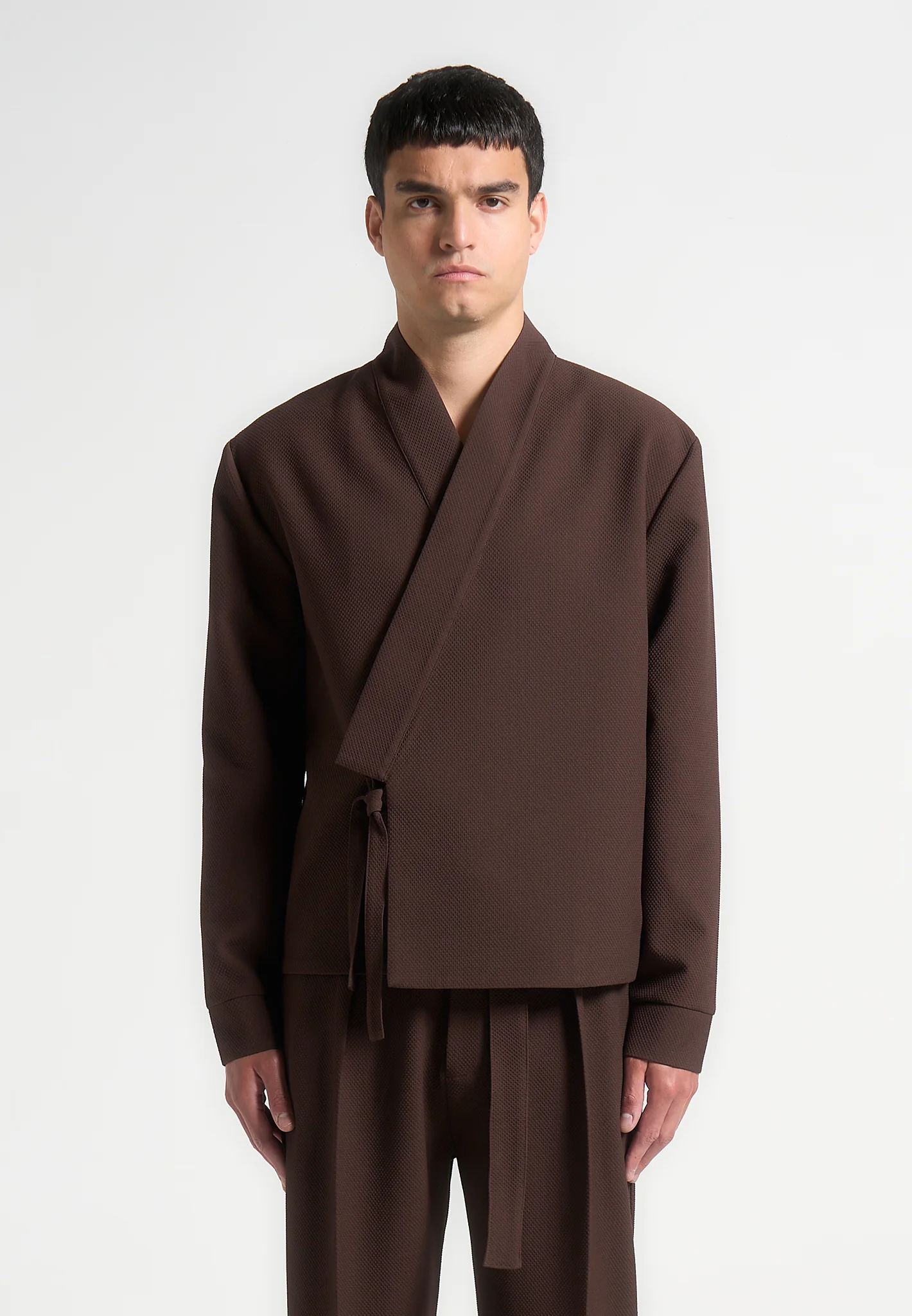 Robin - Textured Kimono Wrap Jacket - Brown - Image 2