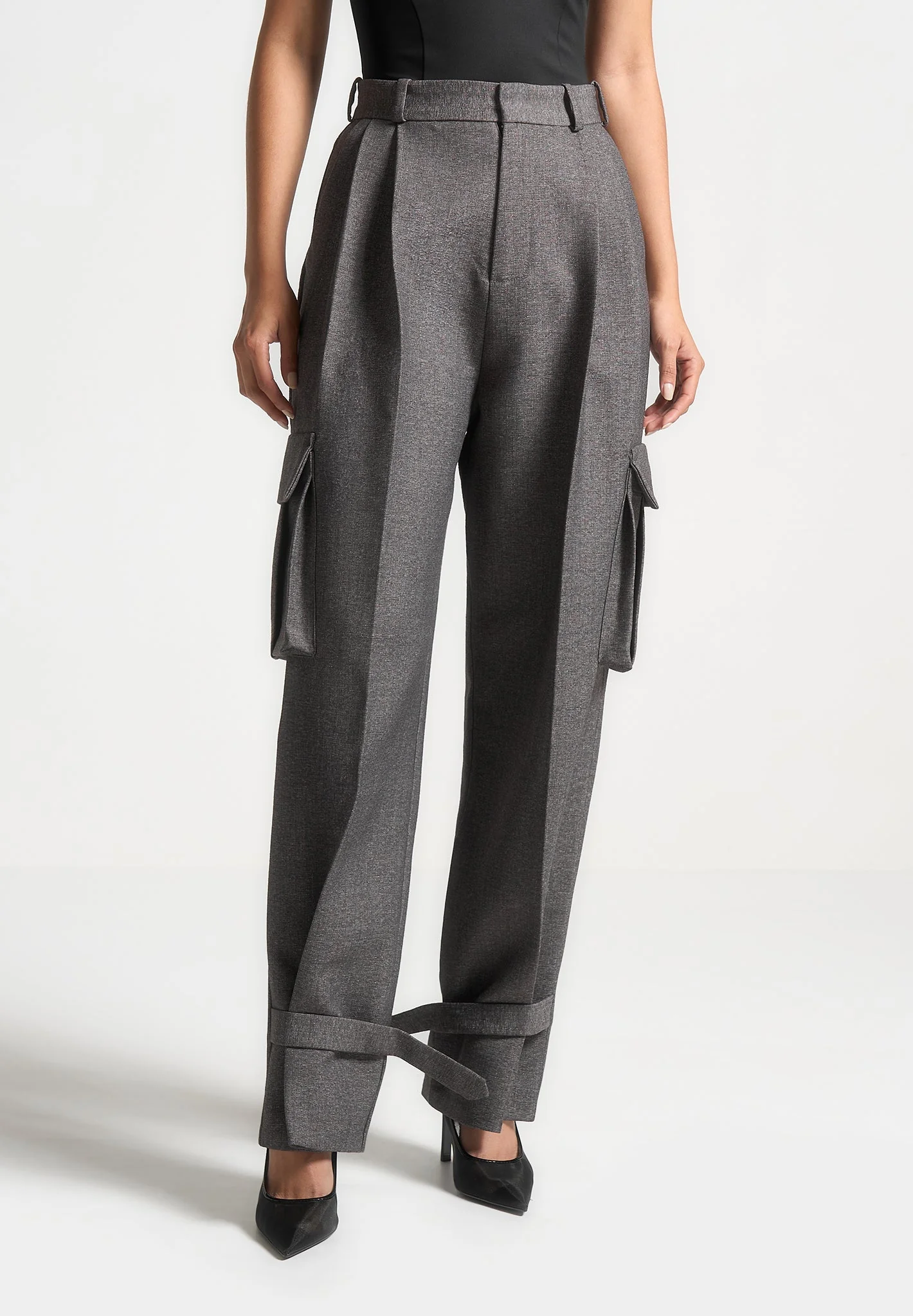 Danielle - Textured Tailored Pleated Cargo Trousers - Grey Marl