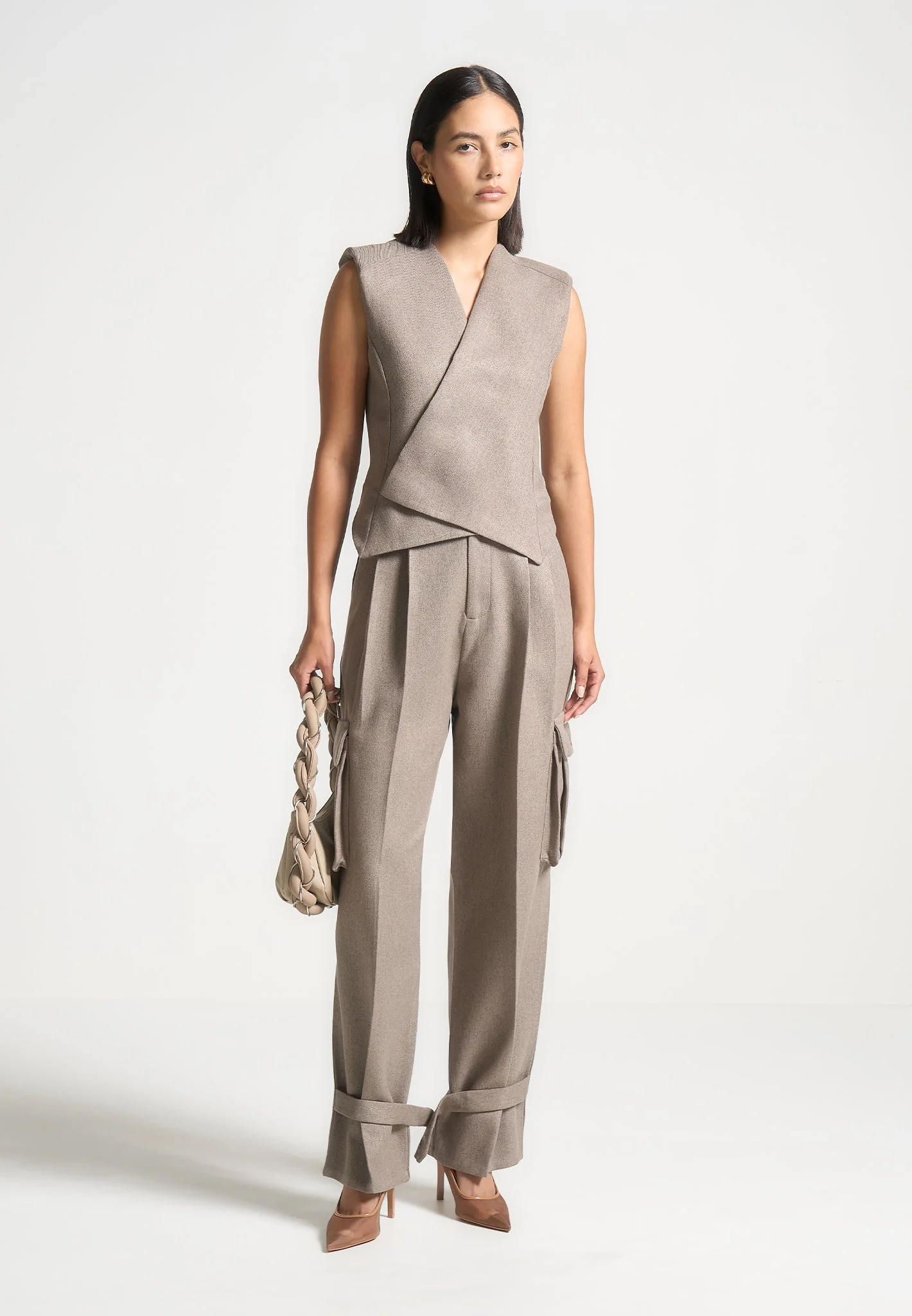 Danielle - Textured Tailored Pleated Cargo Trousers - Taupe - Image 2