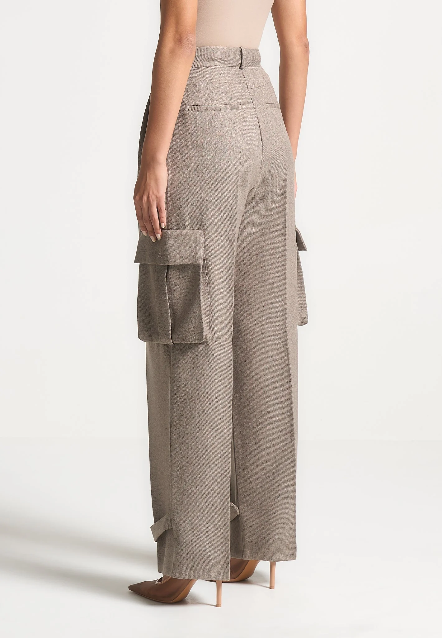 Danielle - Textured Tailored Pleated Cargo Trousers - Taupe - Image 3