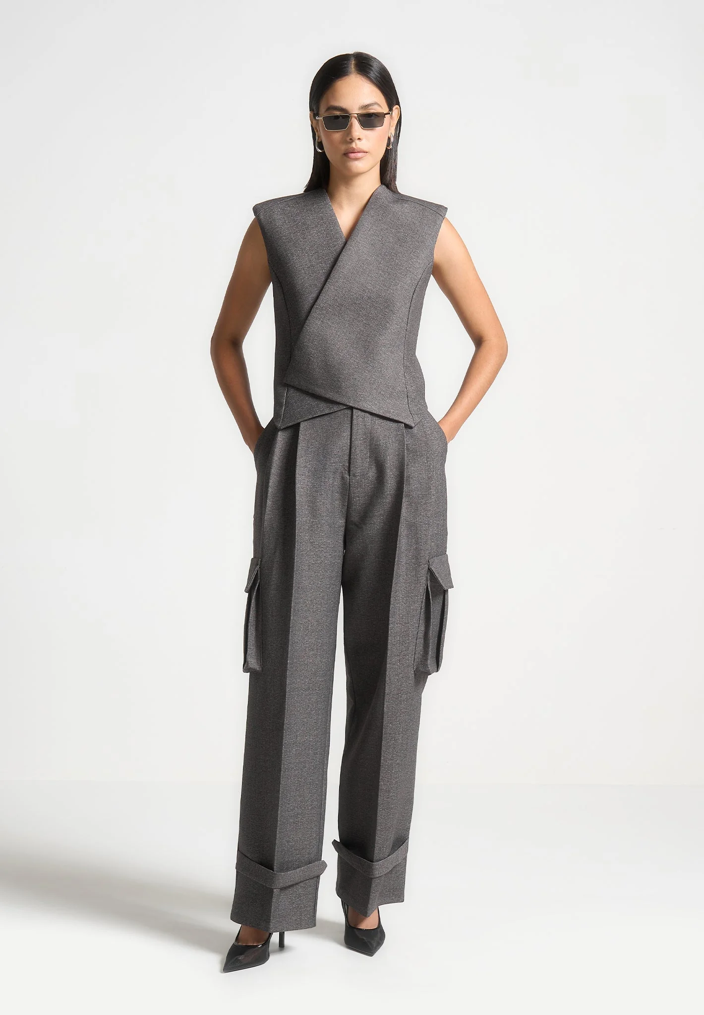 Laurence - Textured Tailored Wrap Waistcoat - Grey Marl - Image 2