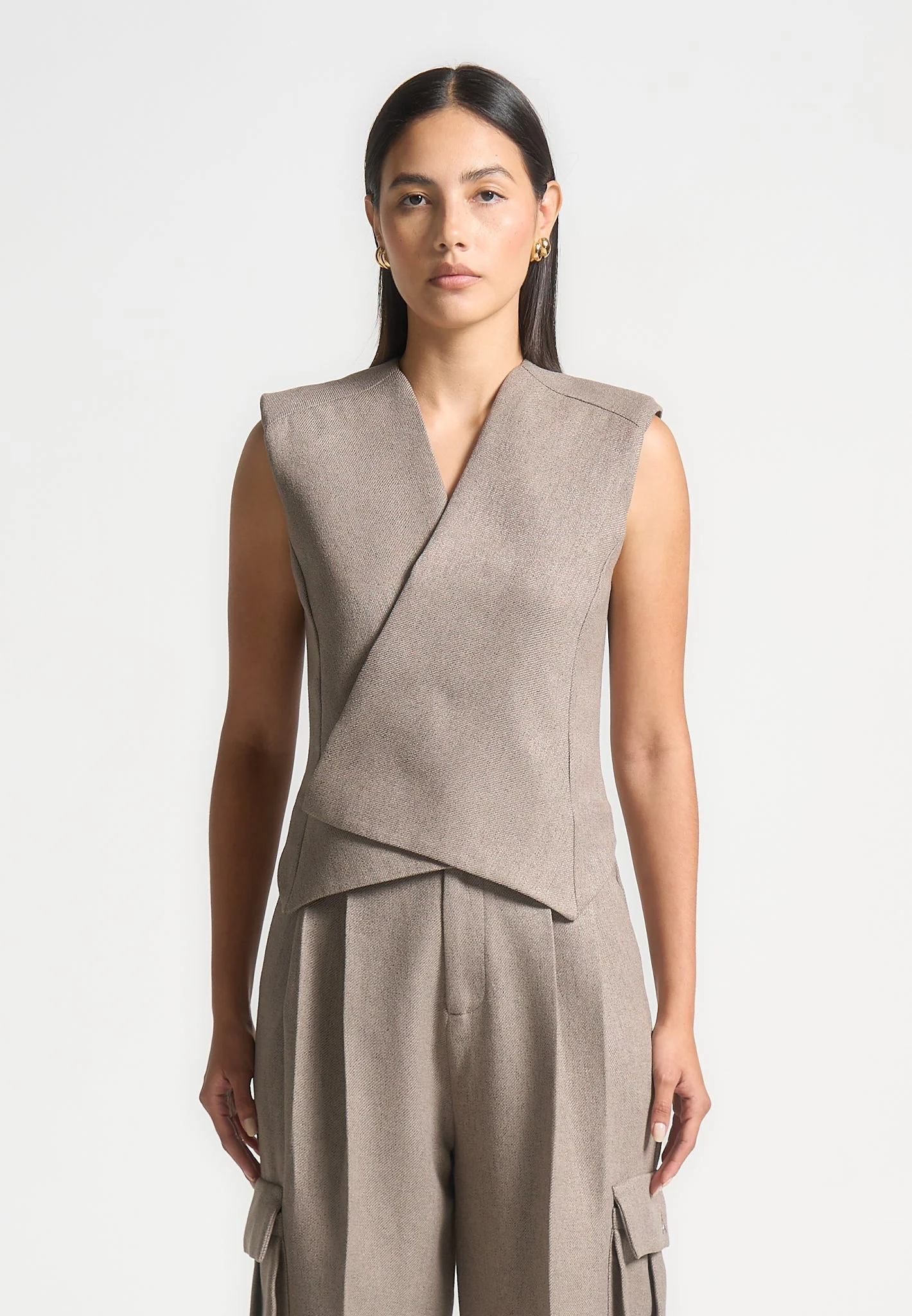 Laurence - Textured Tailored Wrap Waistcoat - Taupe - Image 4
