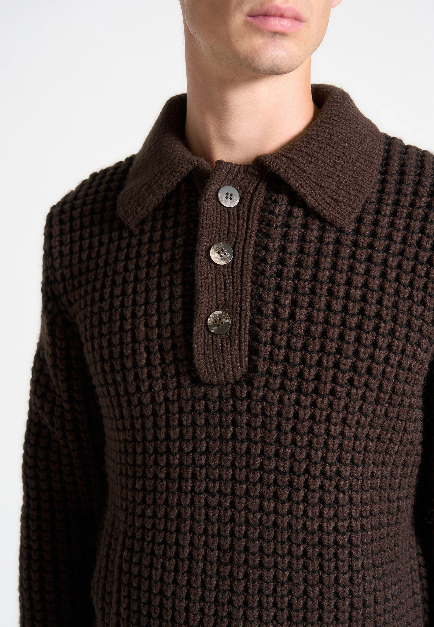 Textured Wool Knit Polo Jumper - Brown - Image 3
