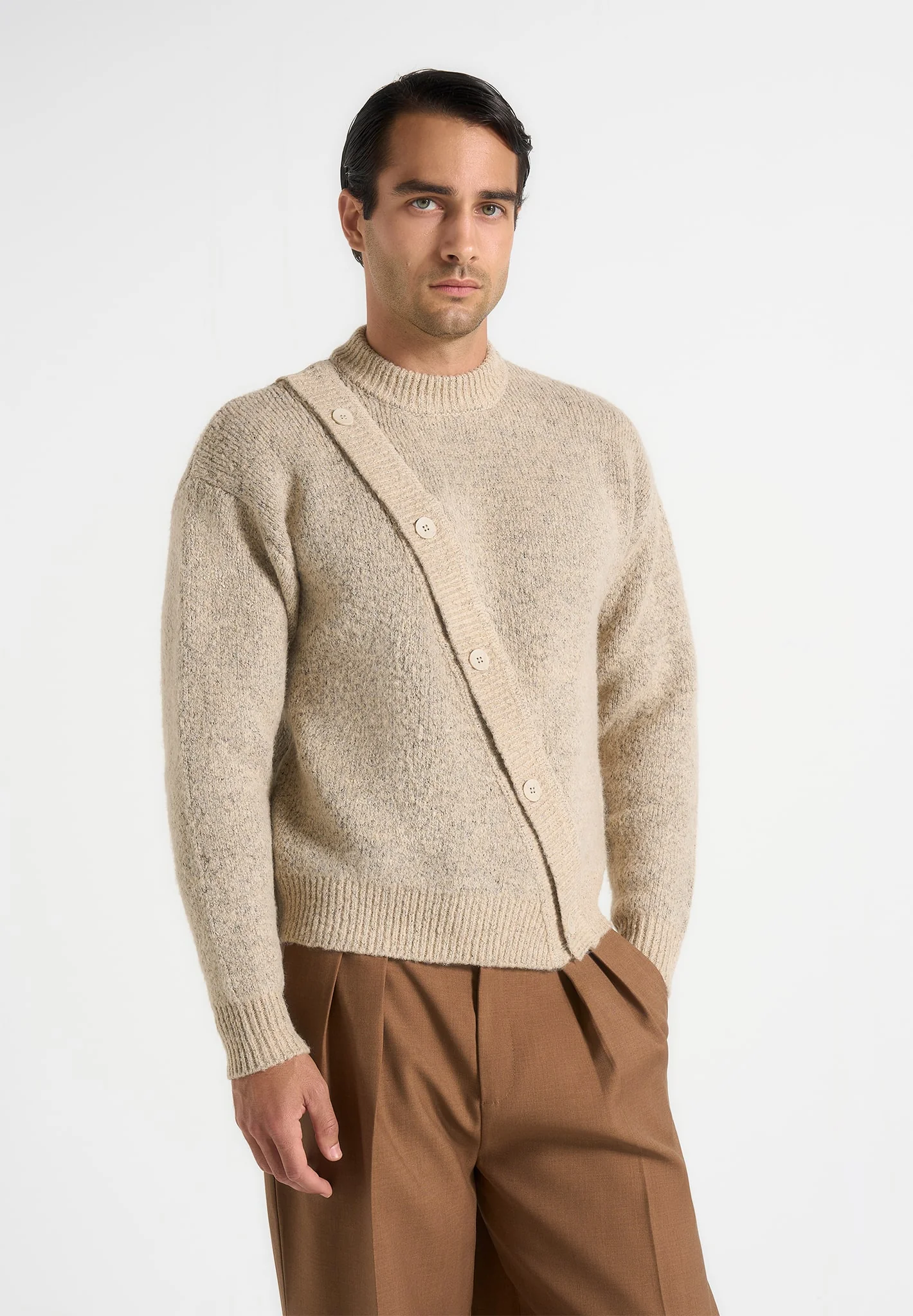 Theo - Asymmetric Brushed Wool Knit Jumper - Beige - Image 3