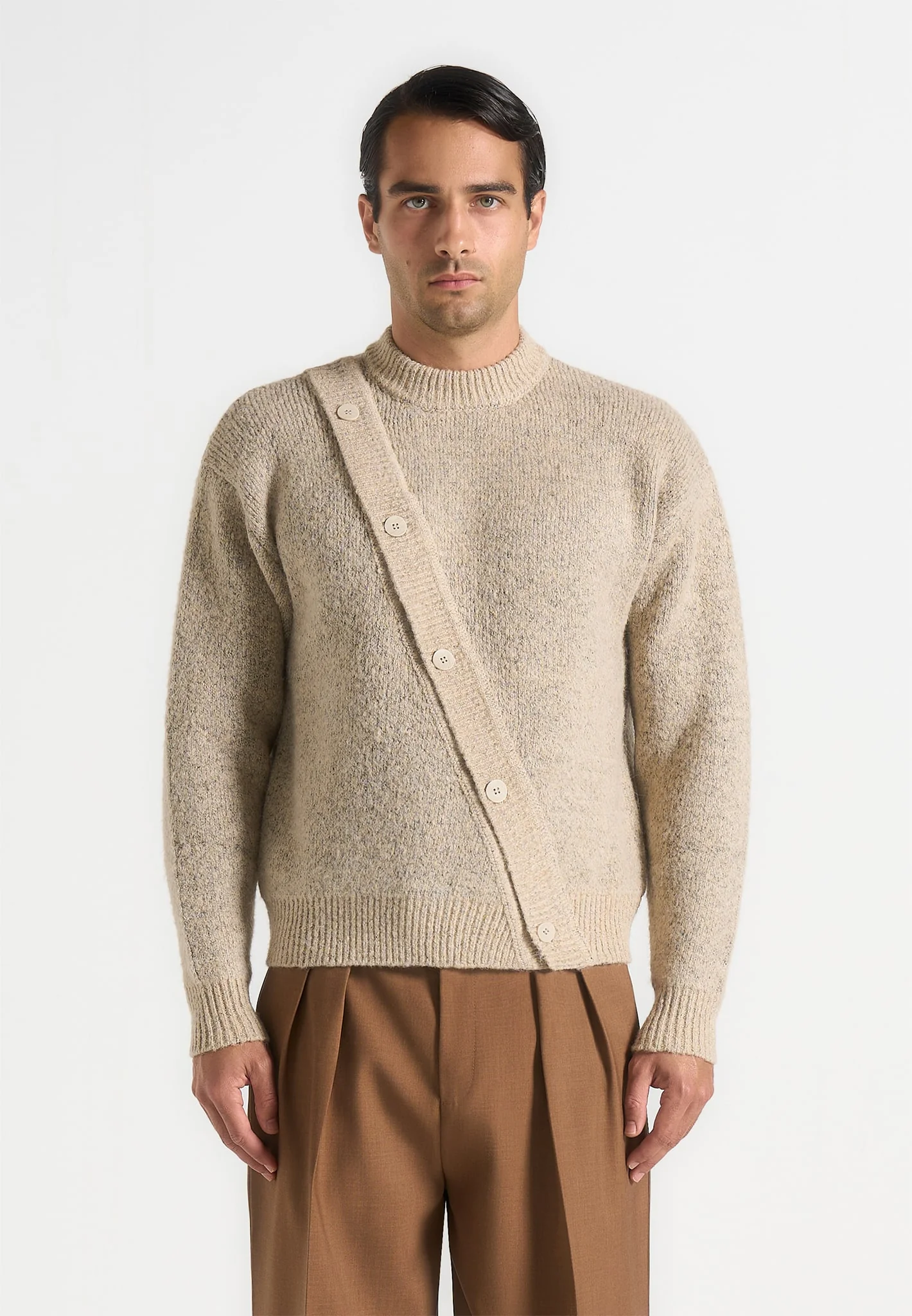 Theo - Asymmetric Brushed Wool Knit Jumper - Beige - Image 4