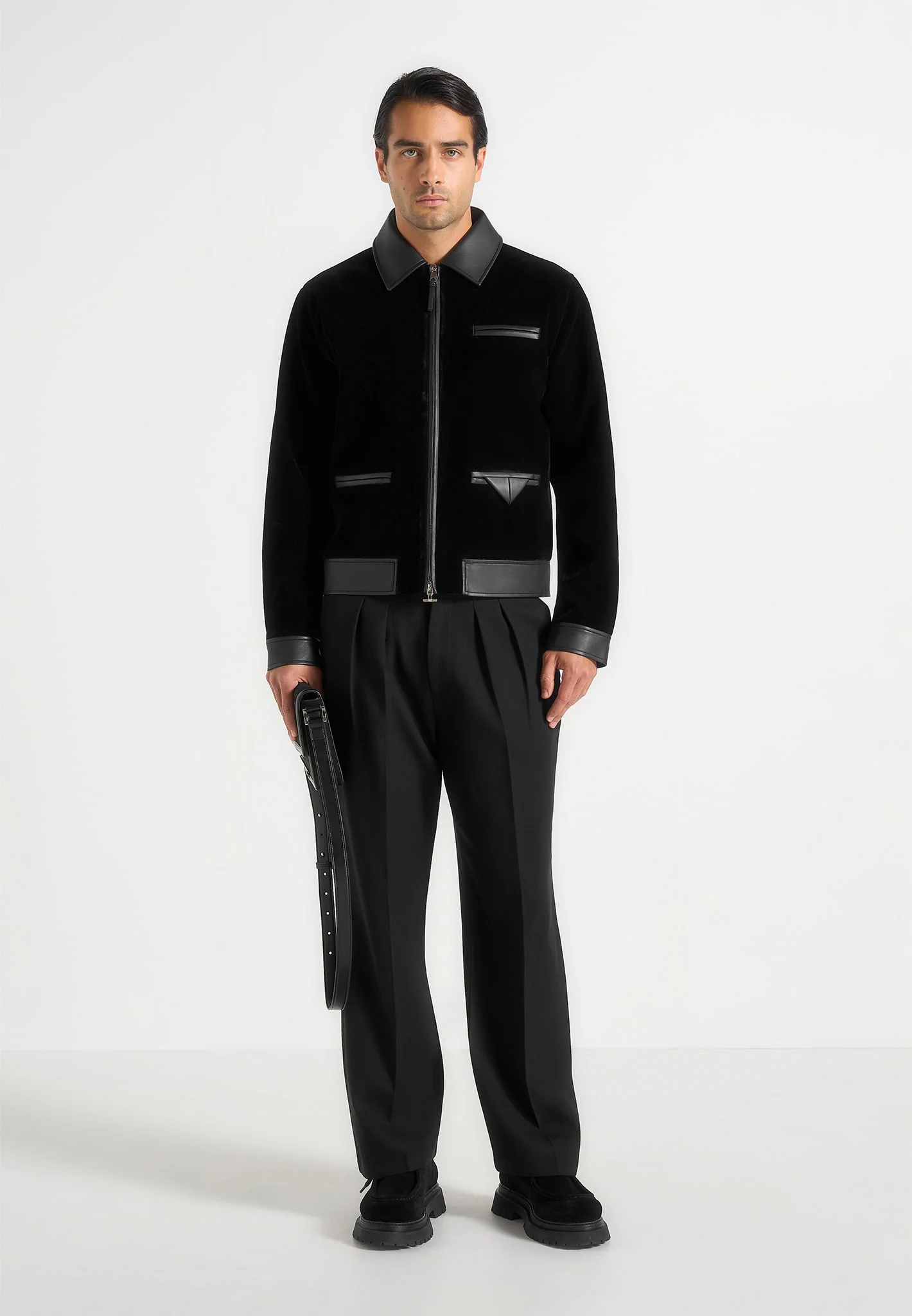 Tony - Velvet & Leather Contrast Jacket - Black - Image 2