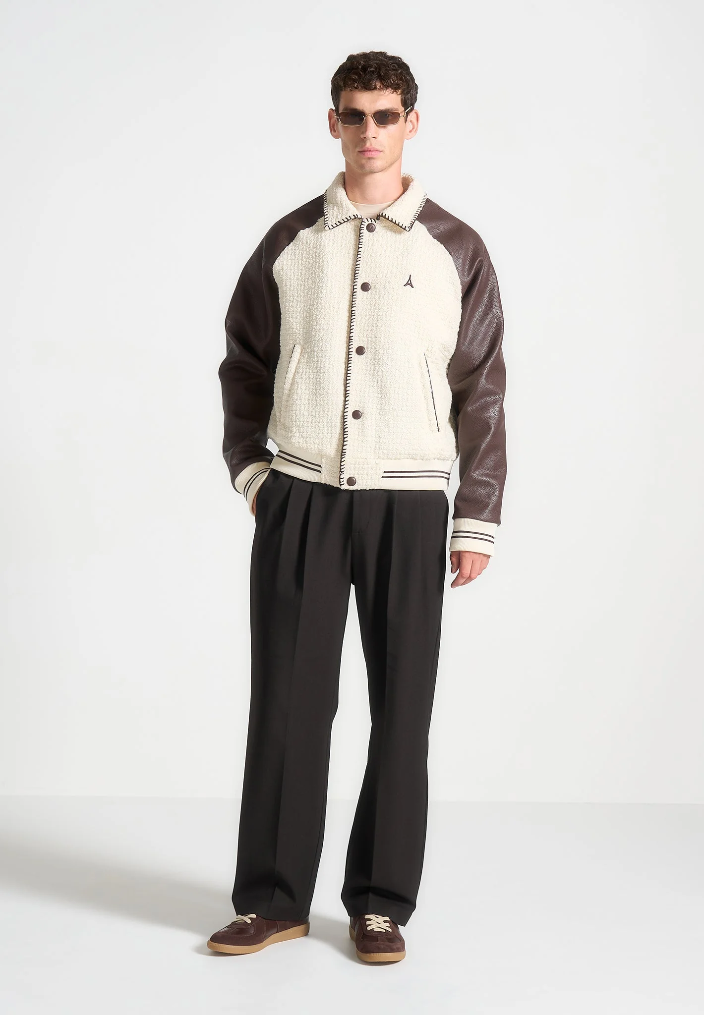 Tweed & Leather Varsity Jacket - Cream/Brown - Image 2
