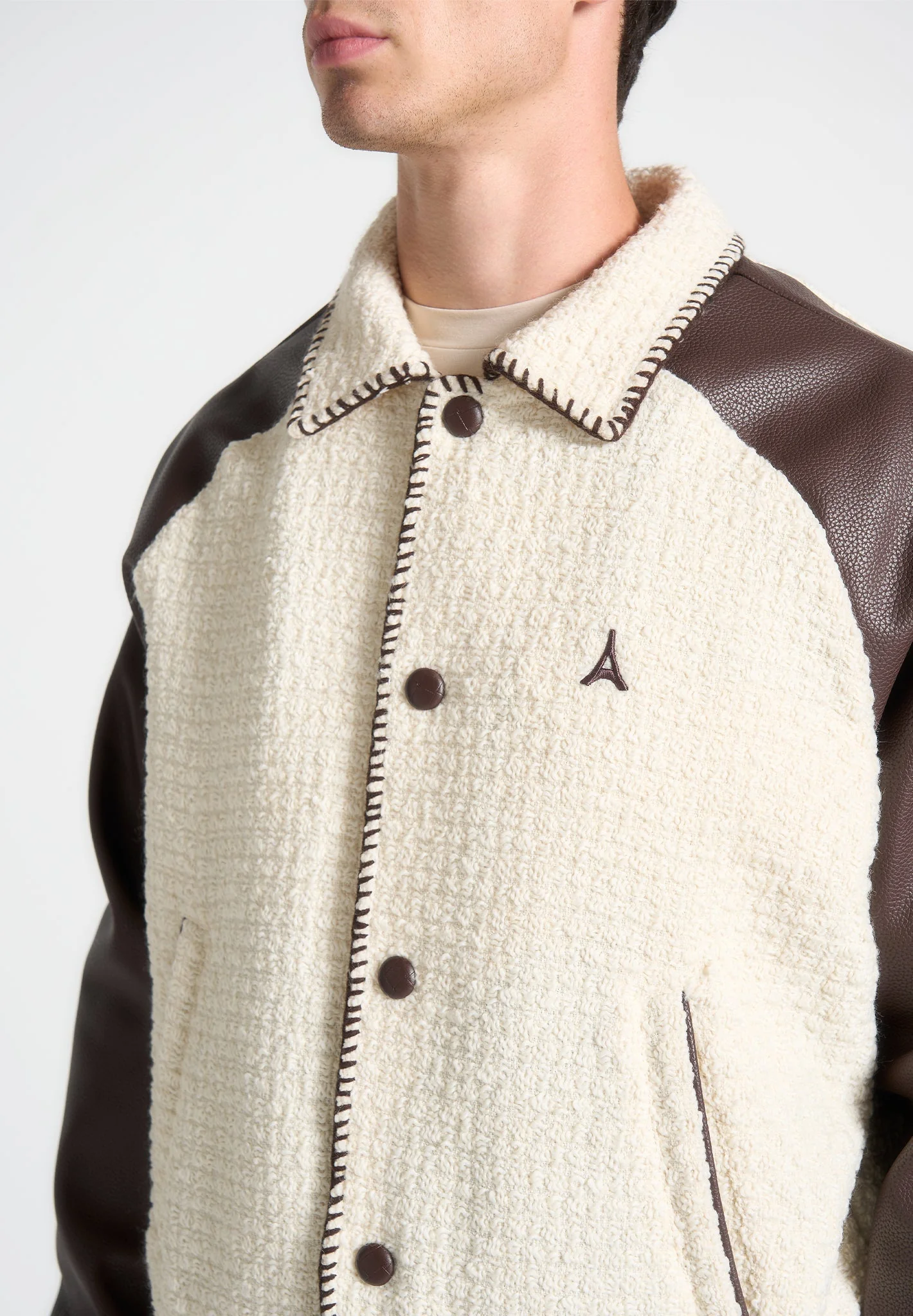Tweed & Leather Varsity Jacket - Cream/Brown - Image 3