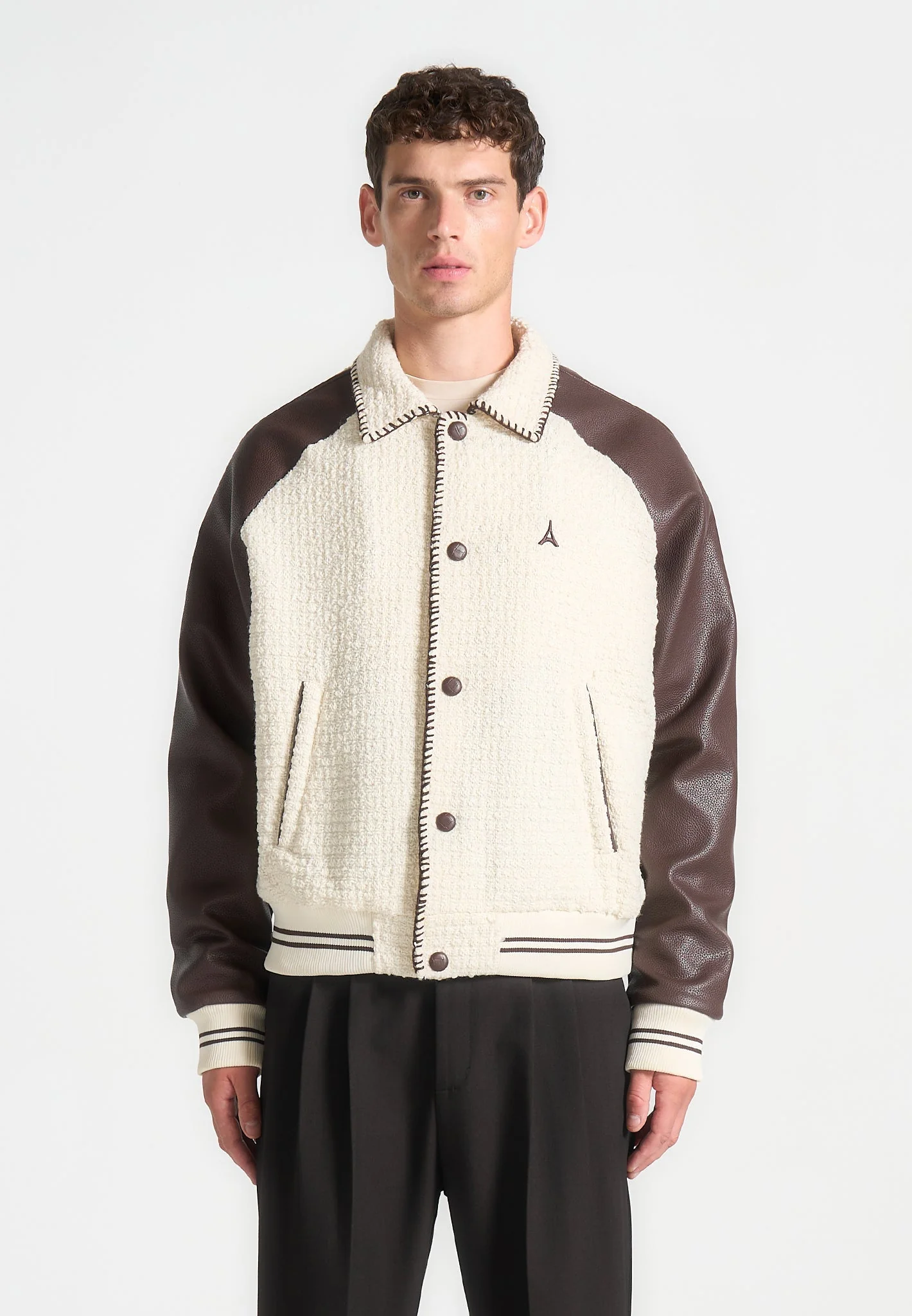 Tweed & Leather Varsity Jacket - Cream/Brown - Image 4