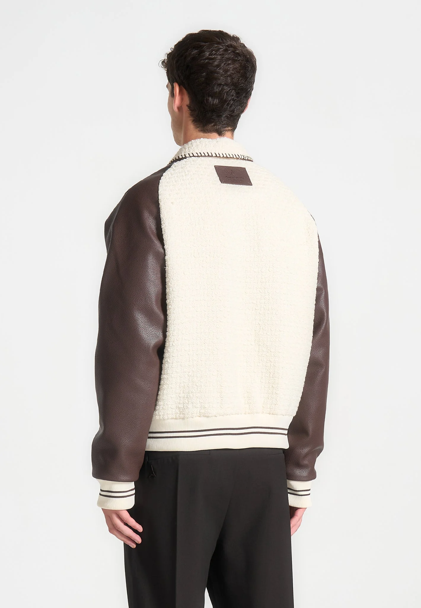 Tweed & Leather Varsity Jacket - Cream/Brown - Image 5