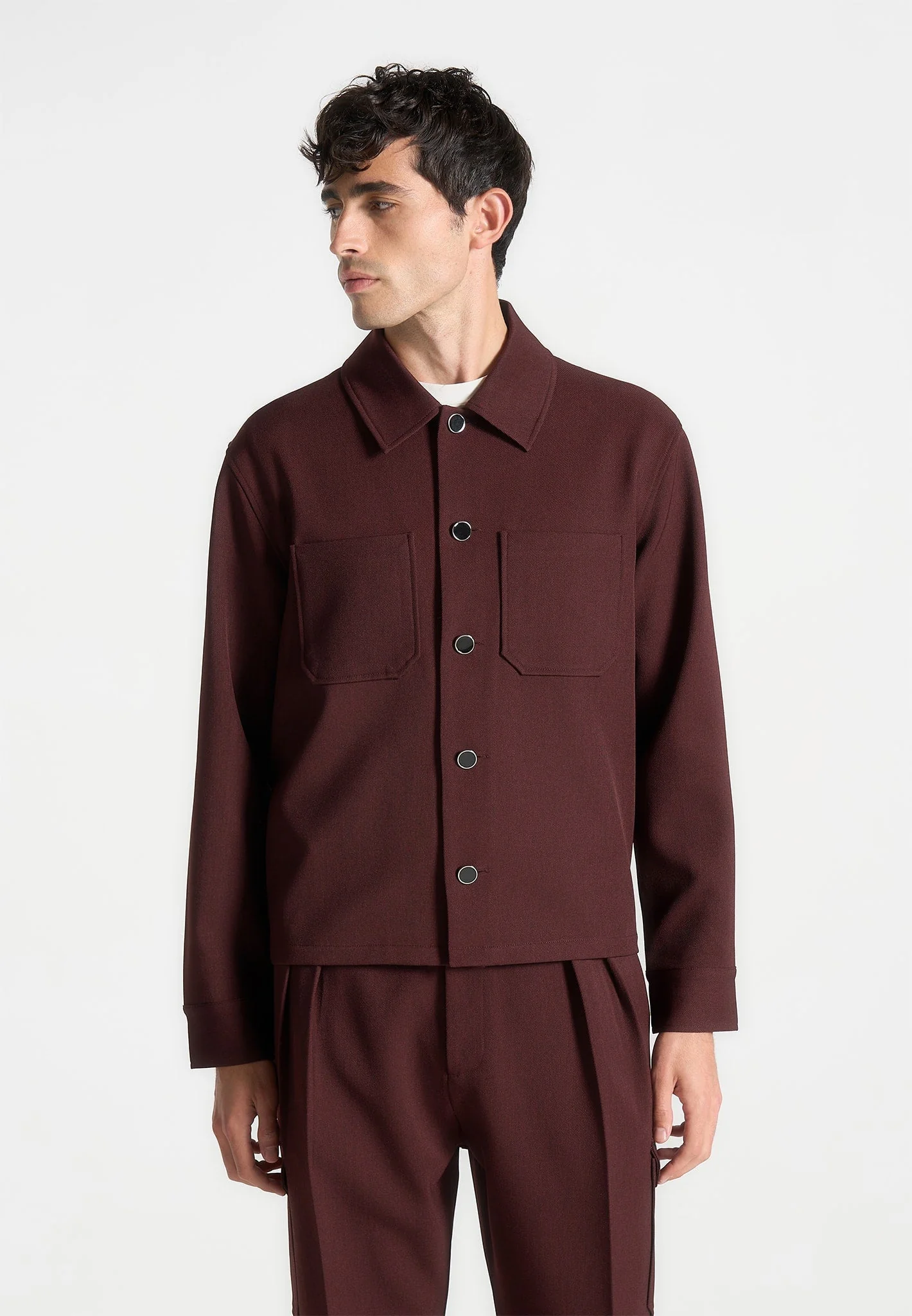 Benoit - Twill Pocket Cropped Shirt - Wine Red - Image 4