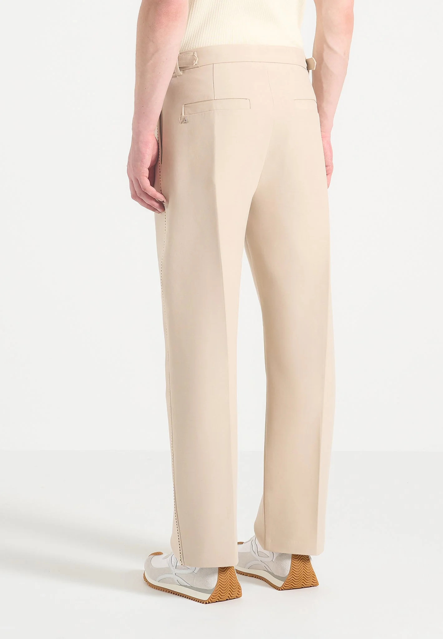 Nolan - Twin Pleat Chino Trousers with Stitch Detail - Beige - Image 4