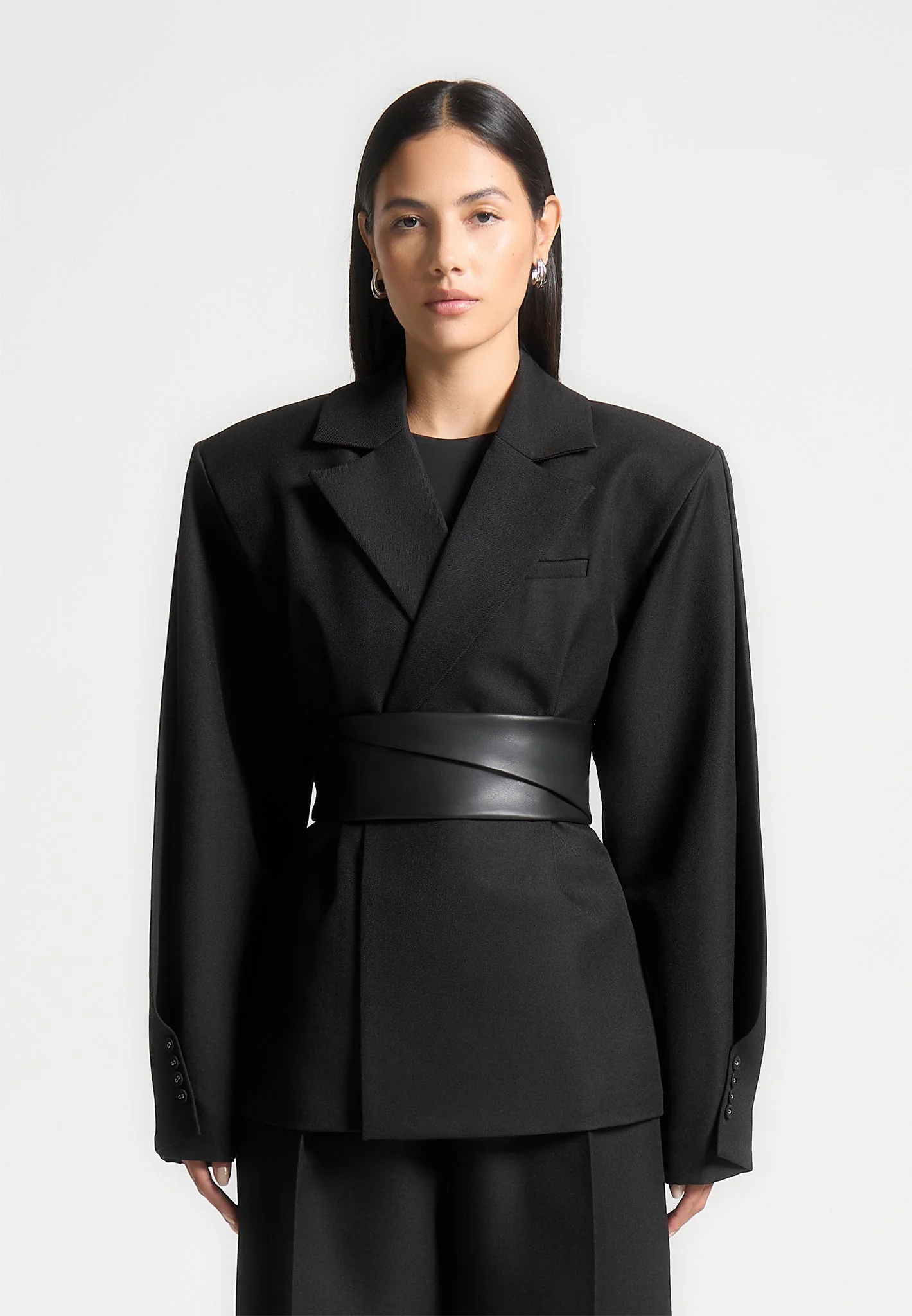 Marie - Twist Sleeve Tailored Blazer with Belt - Black - Image 2