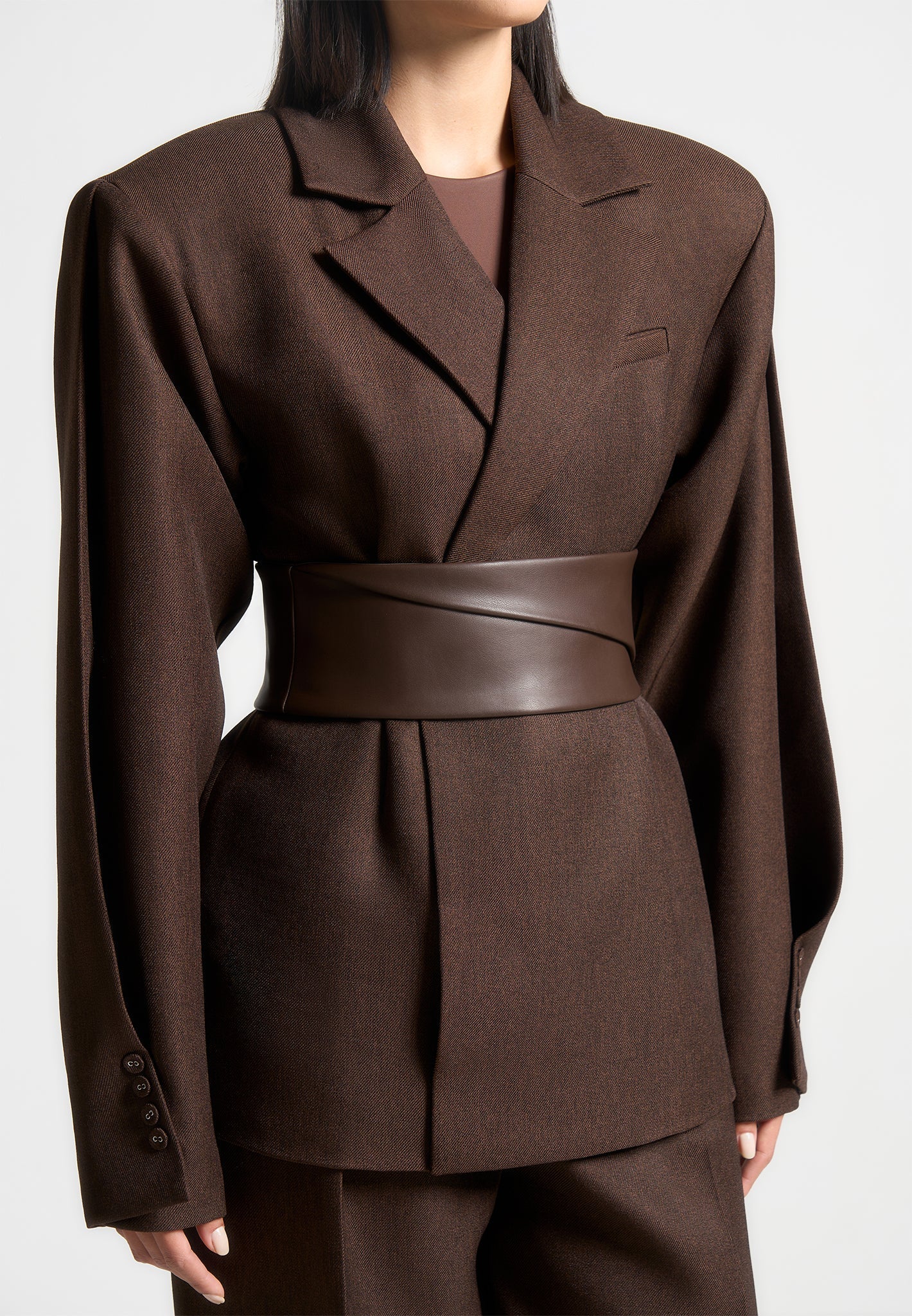 Marie - Twist Sleeve Tailored Blazer with Belt - Brown - Image 6
