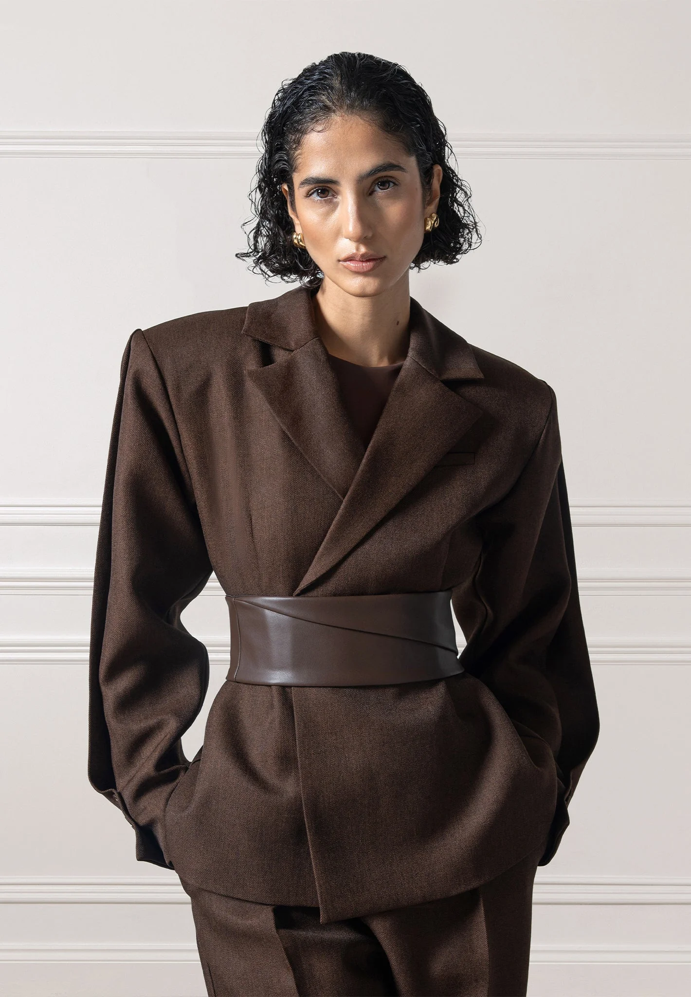 Marie - Twist Sleeve Tailored Blazer with Belt - Brown - Image 8
