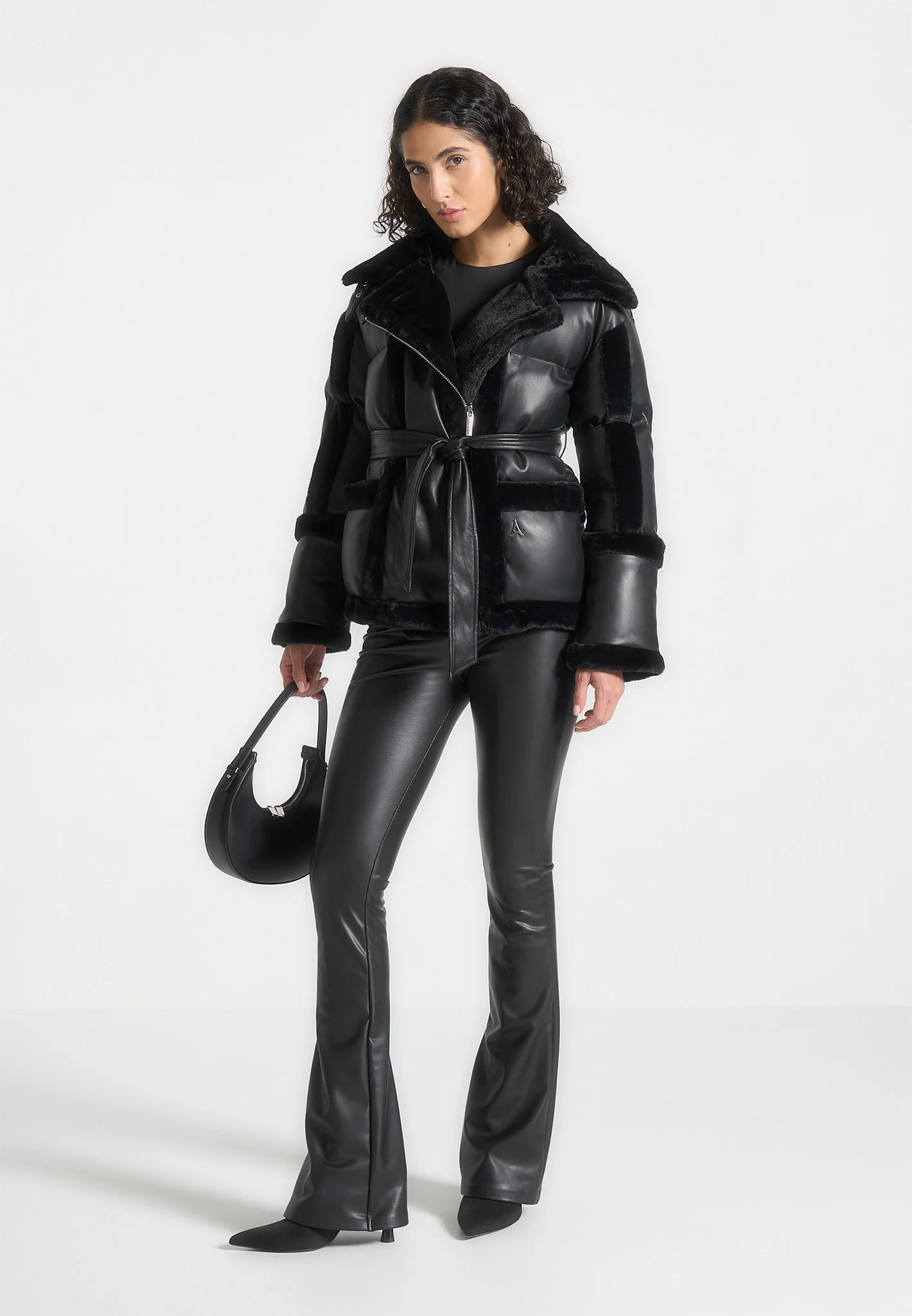Blair - Leather and Plush Puffer Biker Jacket - Black - Image 2
