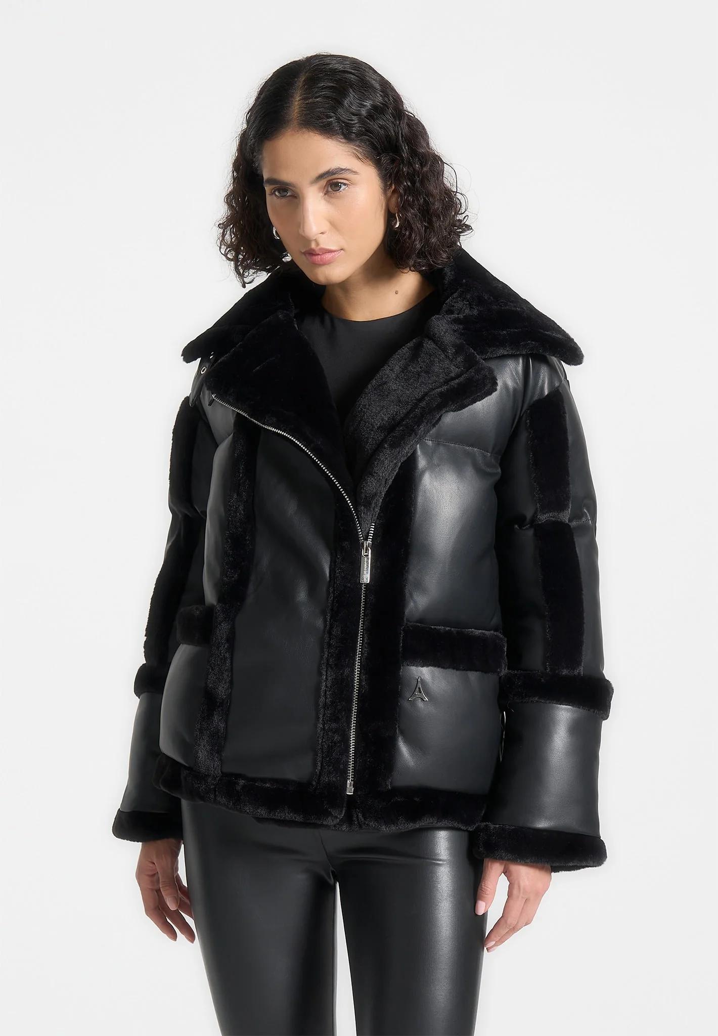 Blair - Leather and Plush Puffer Biker Jacket - Black - Image 6
