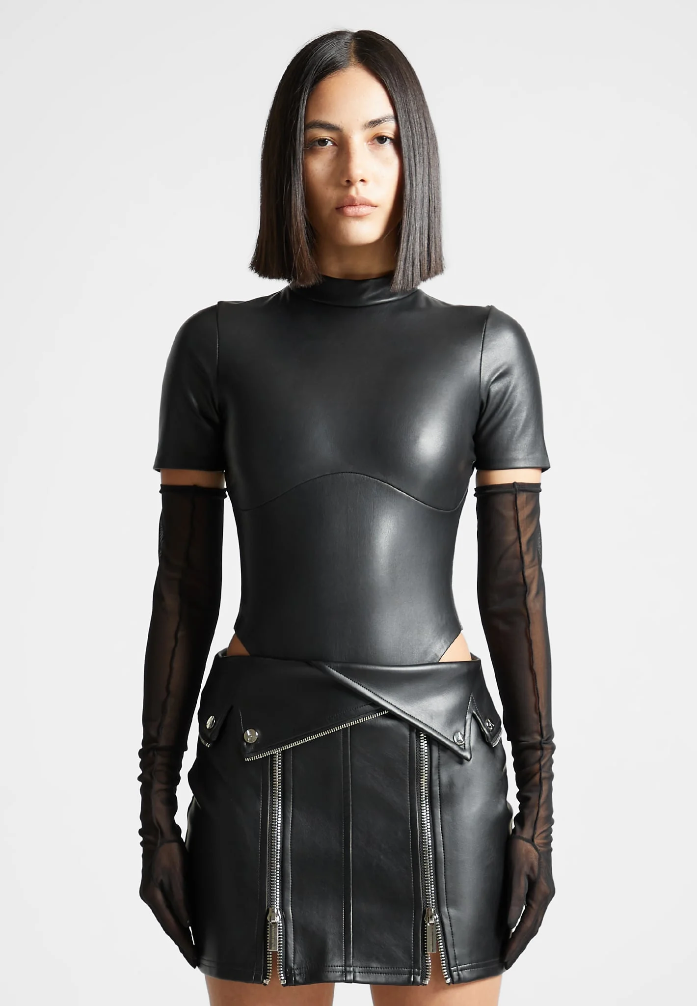 Leather Bodysuit with Mesh Gloves - Black - Image 3