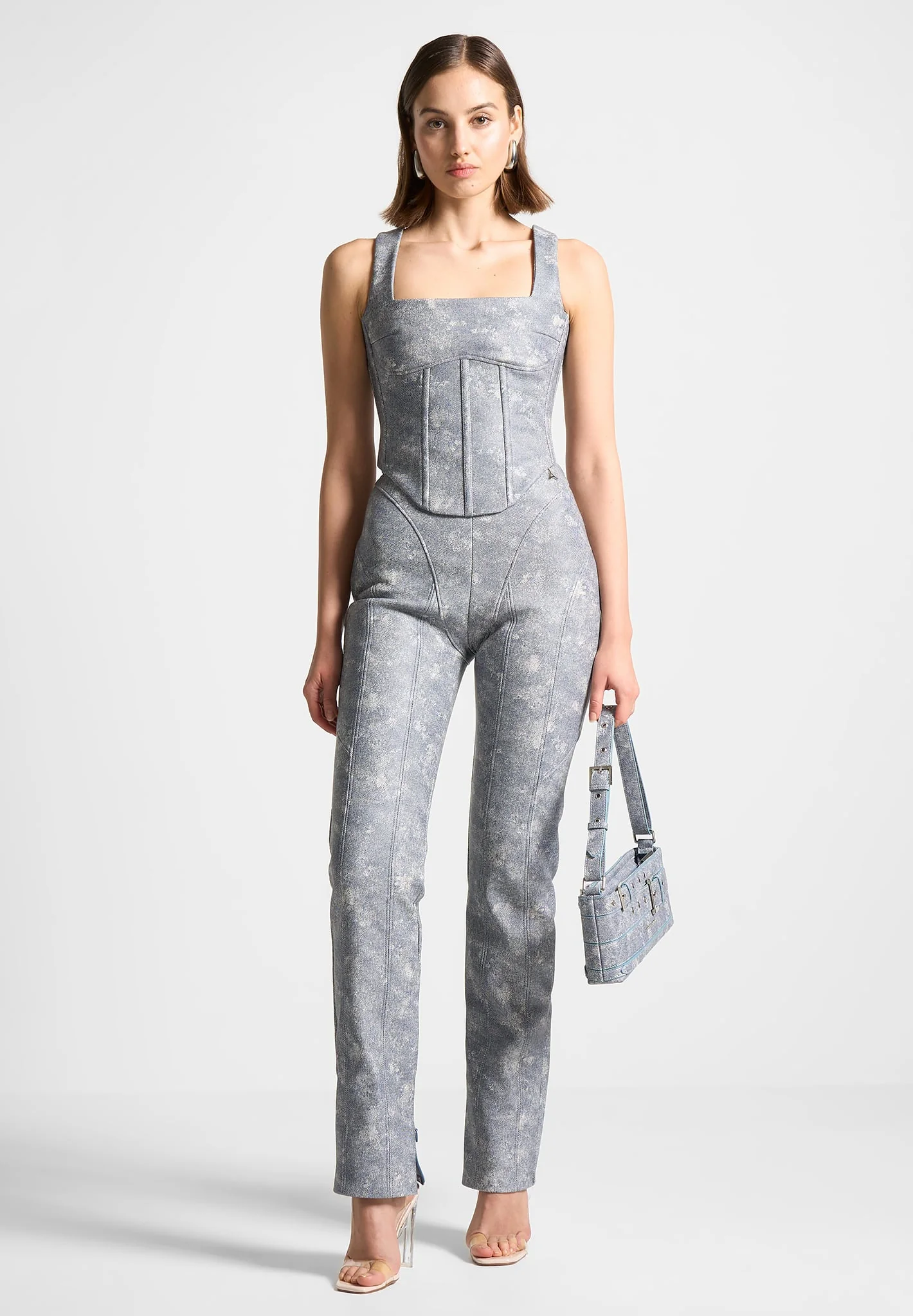 Leather Denim Effect Corset Top - Blue - Image 2