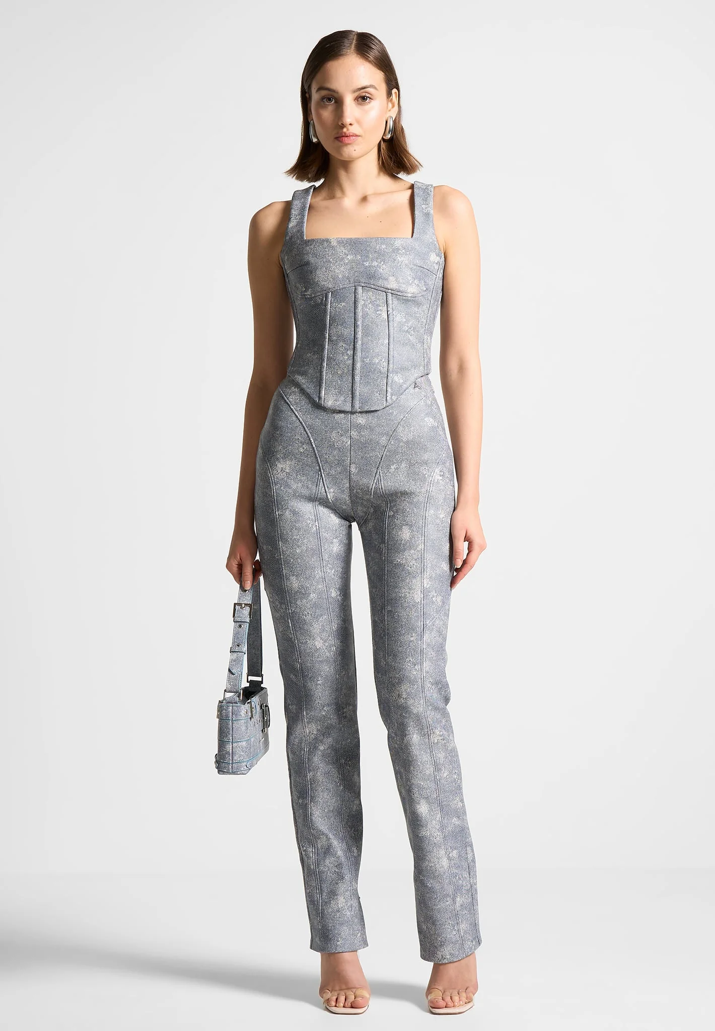Leather Denim Effect Straight Leg Trousers - Blue