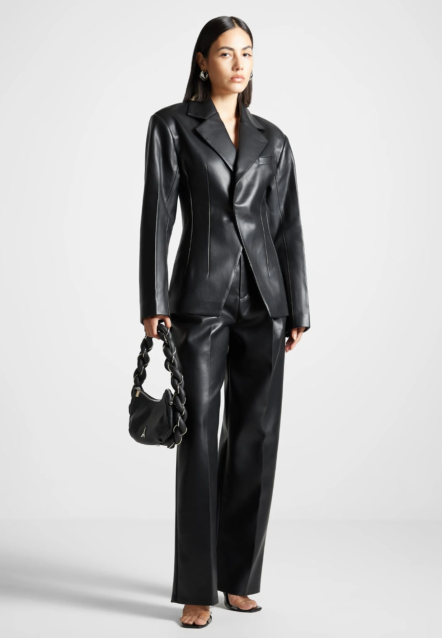 Leather Double Breasted Blazer - Black - Image 2
