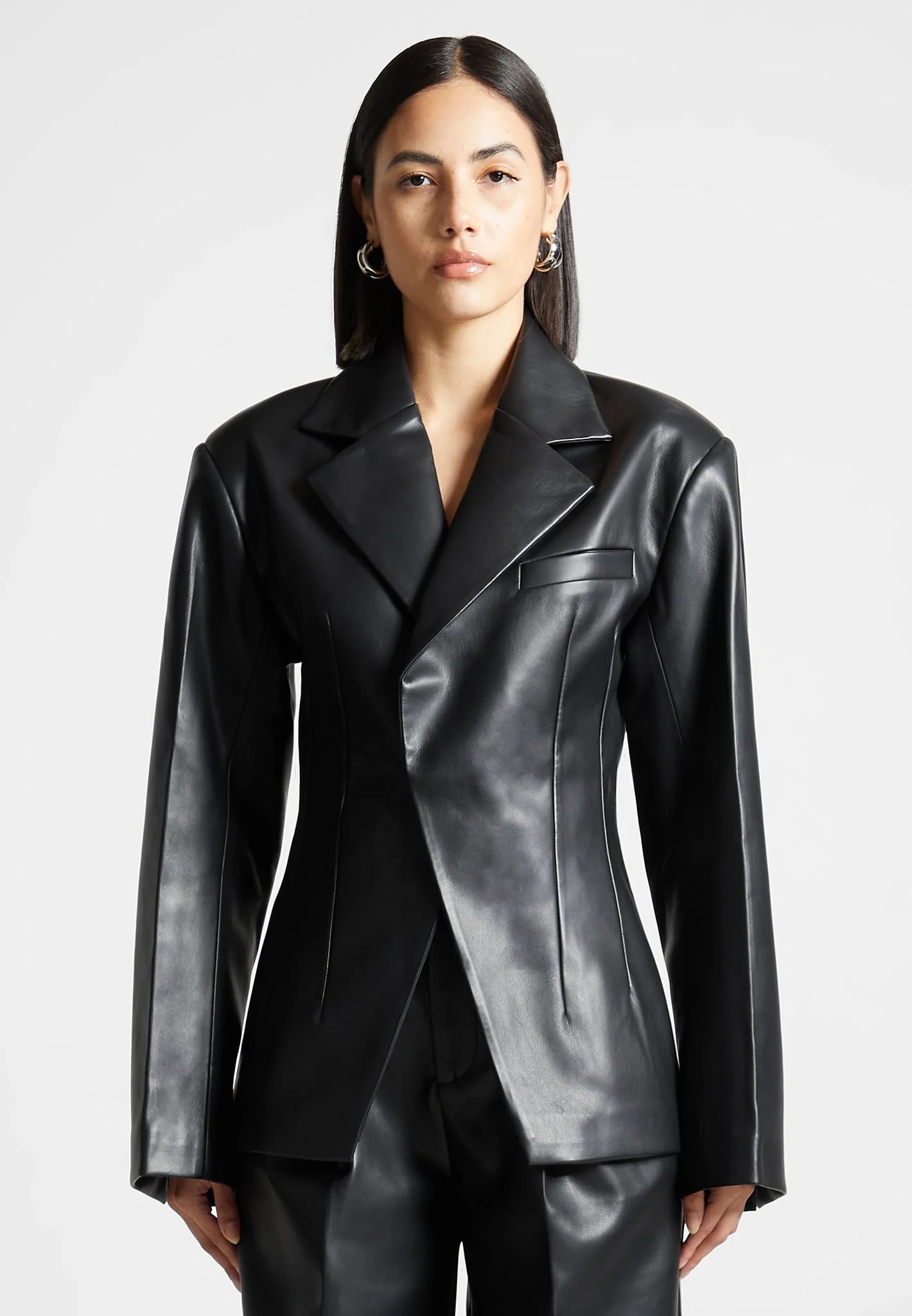 Leather Double Breasted Blazer - Black - Image 3