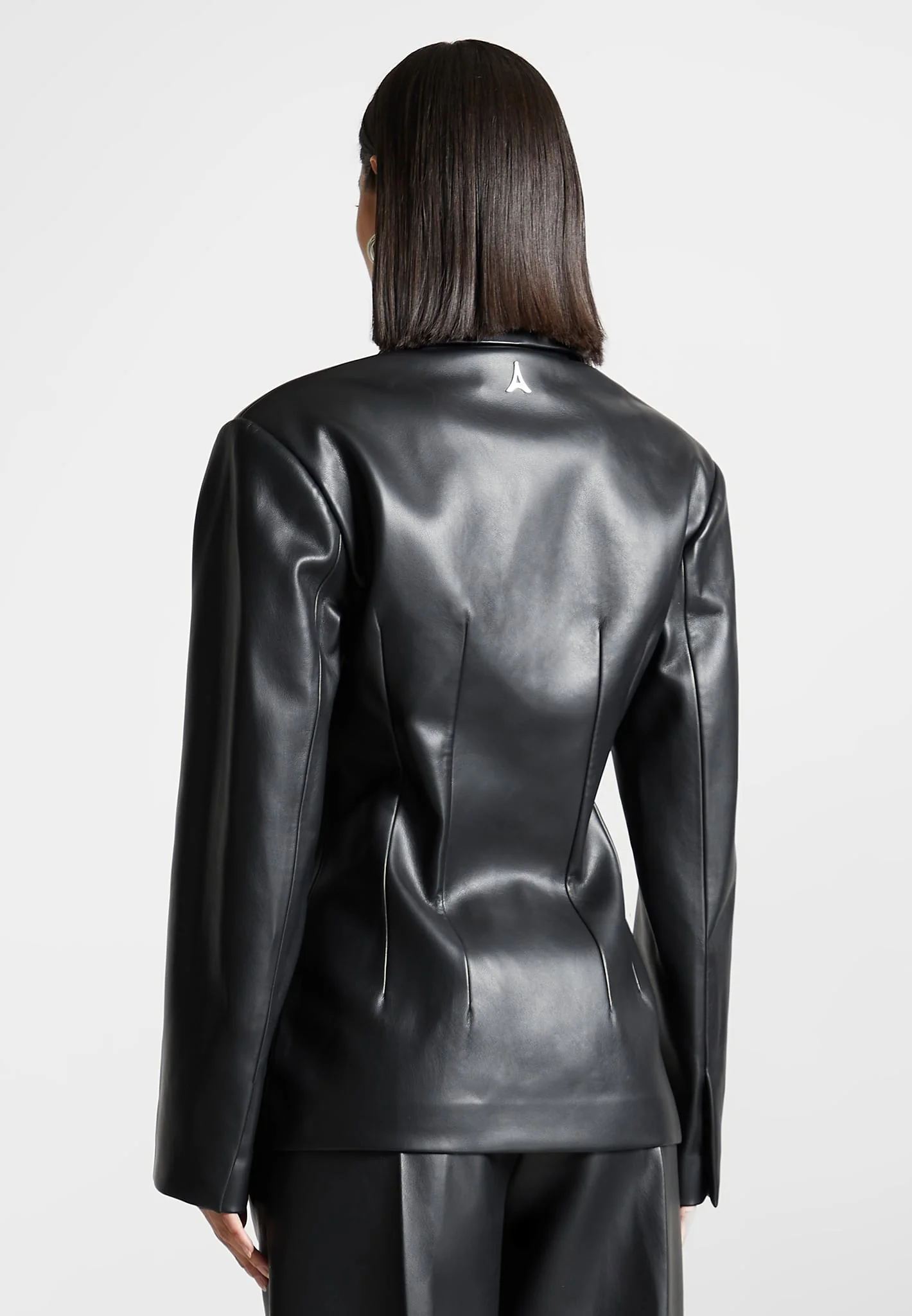 Leather Double Breasted Blazer - Black - Image 4