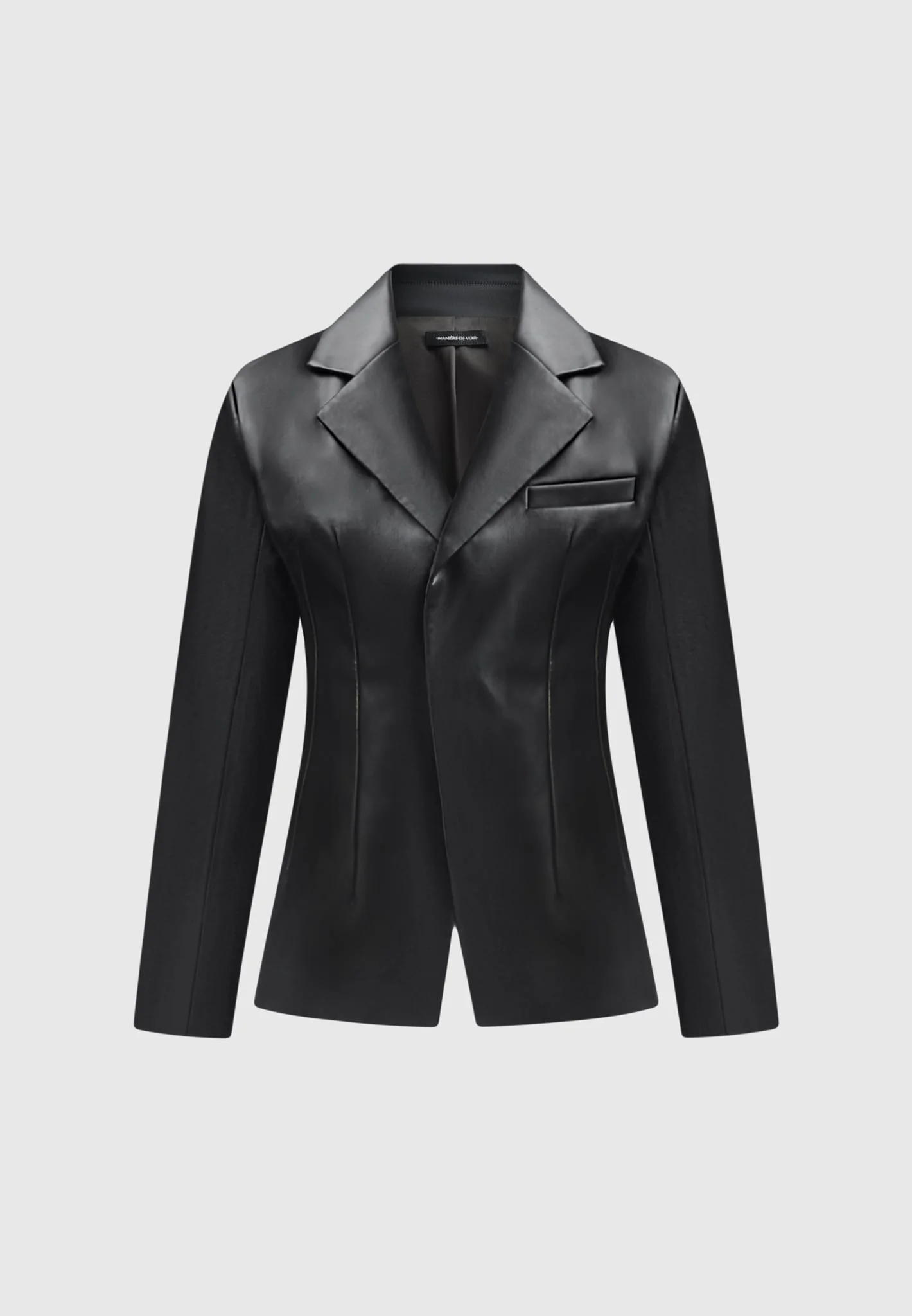 Leather Double Breasted Blazer - Black - Image 5