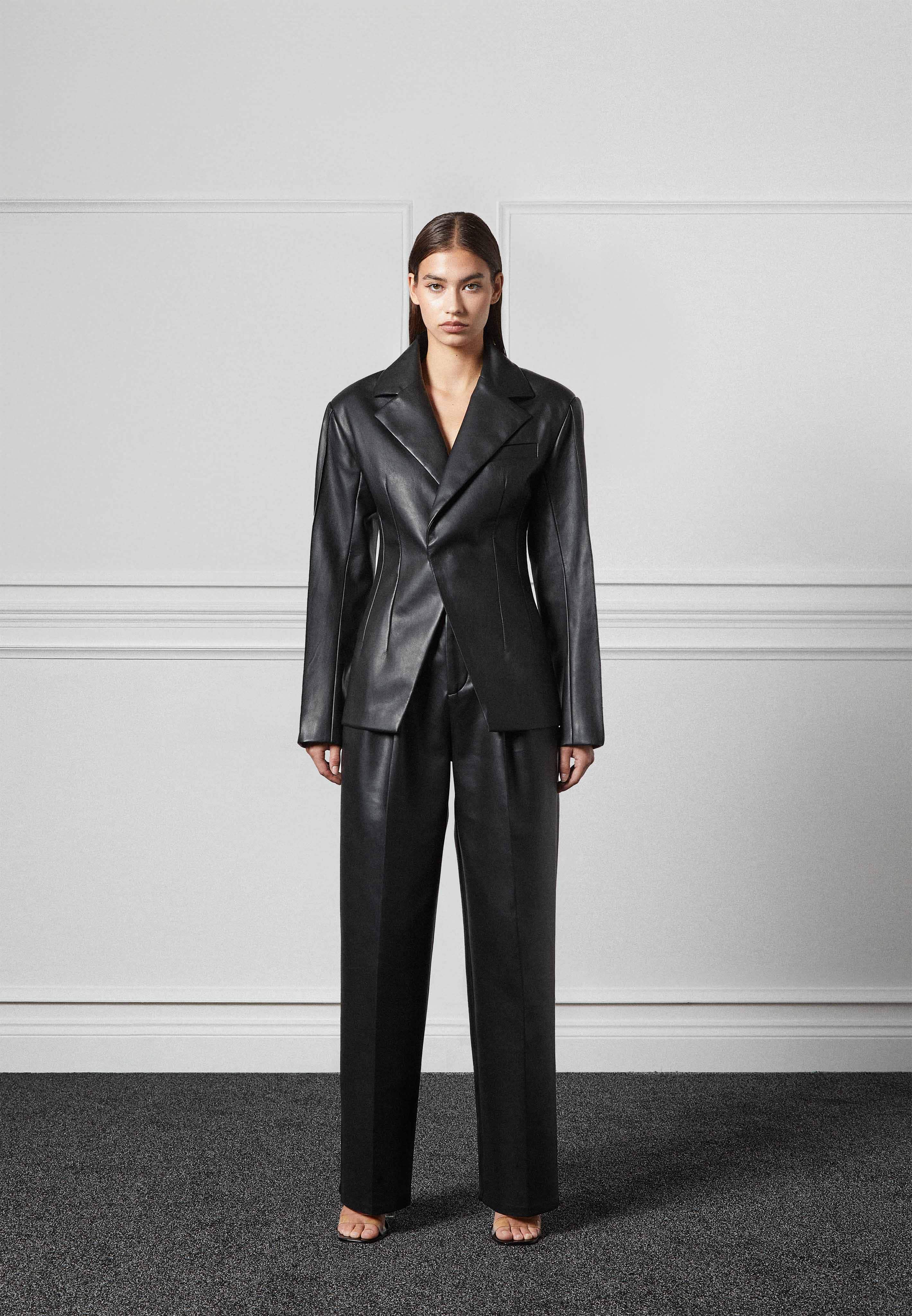 Leather Double Breasted Blazer - Black - Image 8