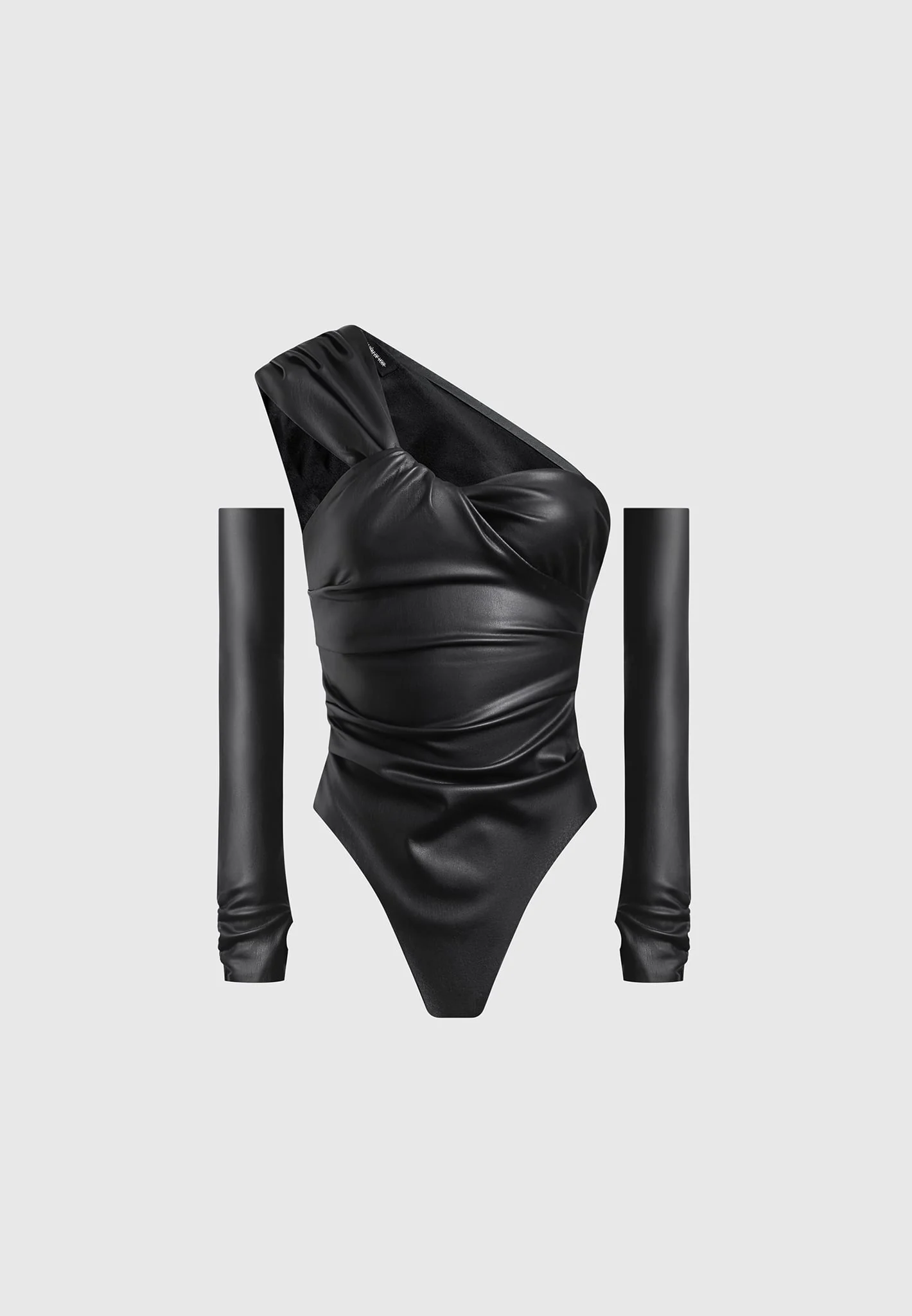 Leather Gathered Bodysuit with Sleeves - Black - Image 2