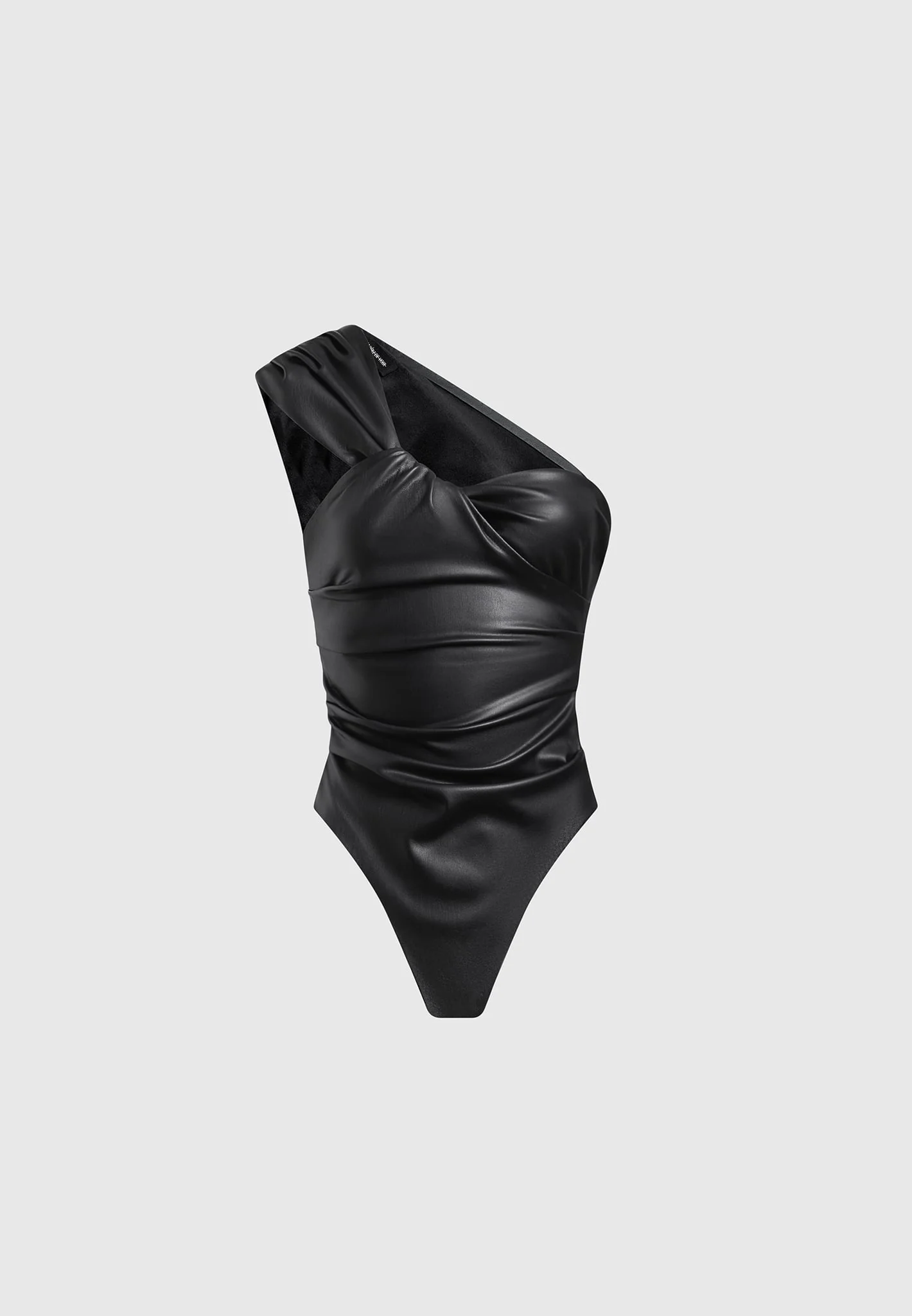 Leather Gathered Bodysuit with Sleeves - Black - Image 7