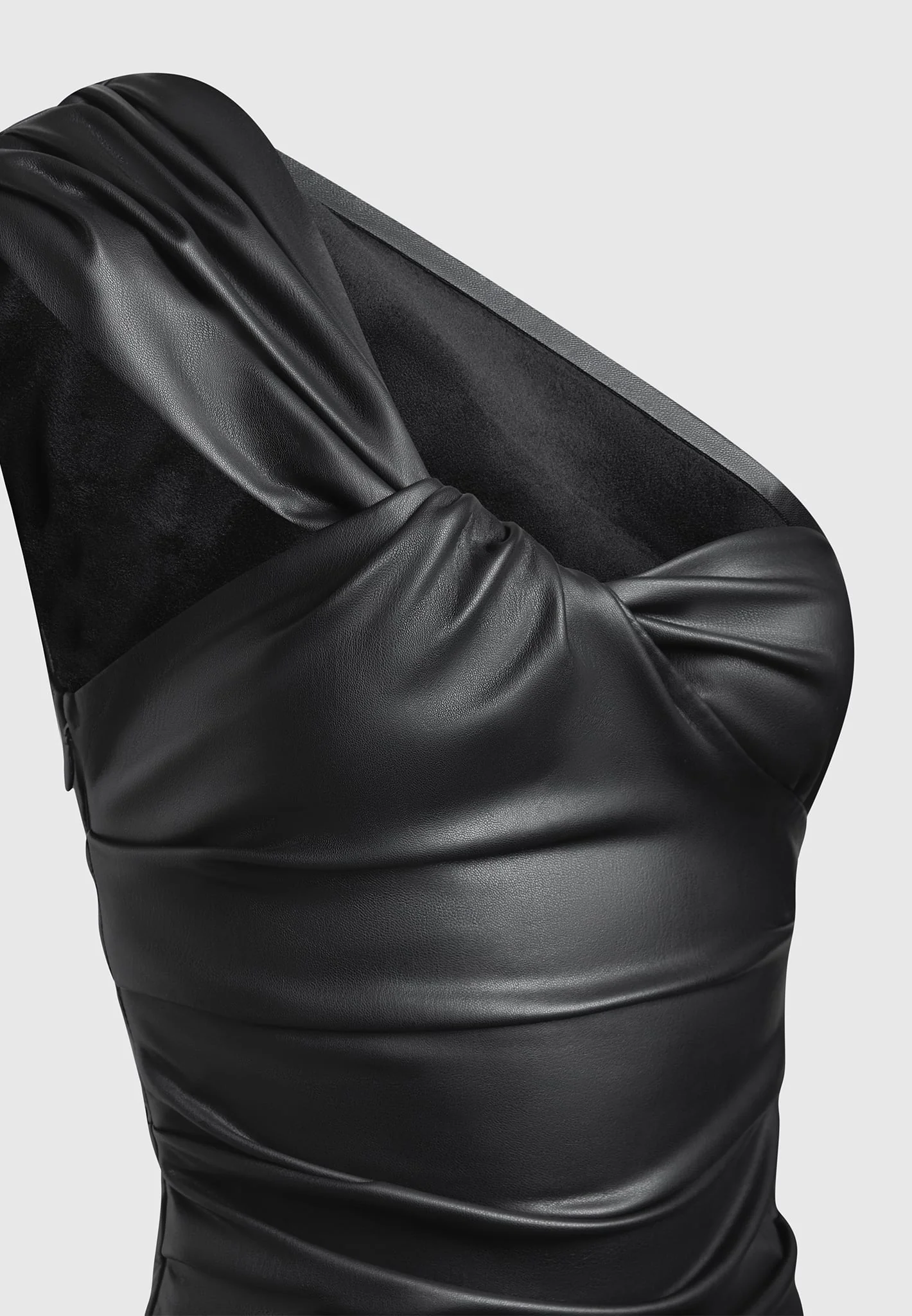 Leather Gathered Bodysuit with Sleeves - Black - Image 8
