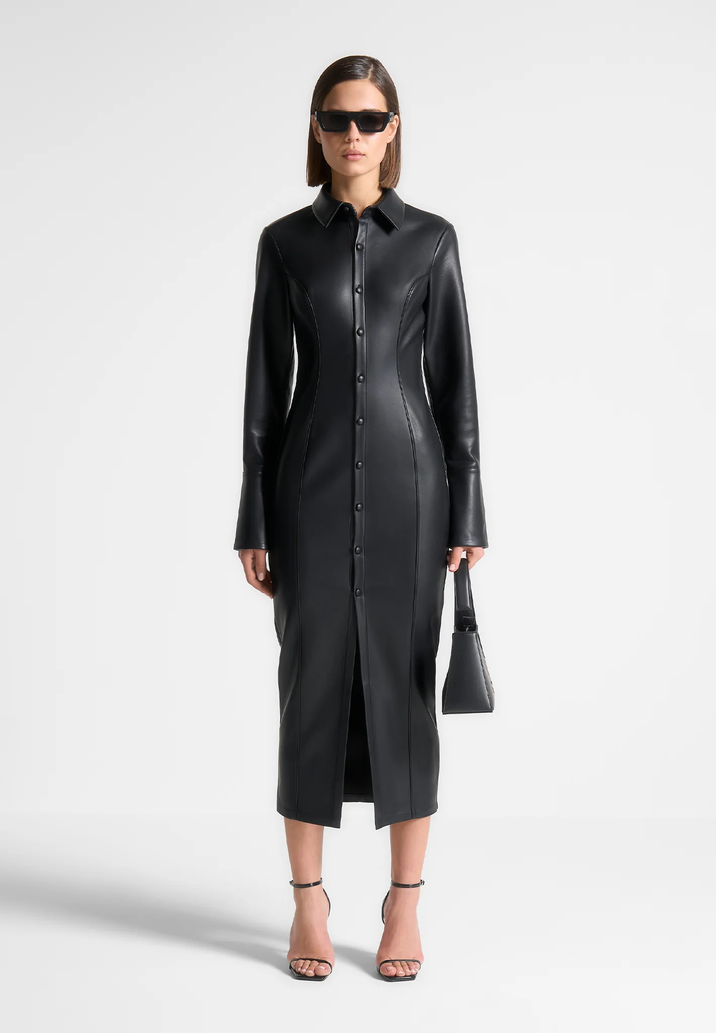 Leather Midaxi Shirt Dress - Black - Image 5