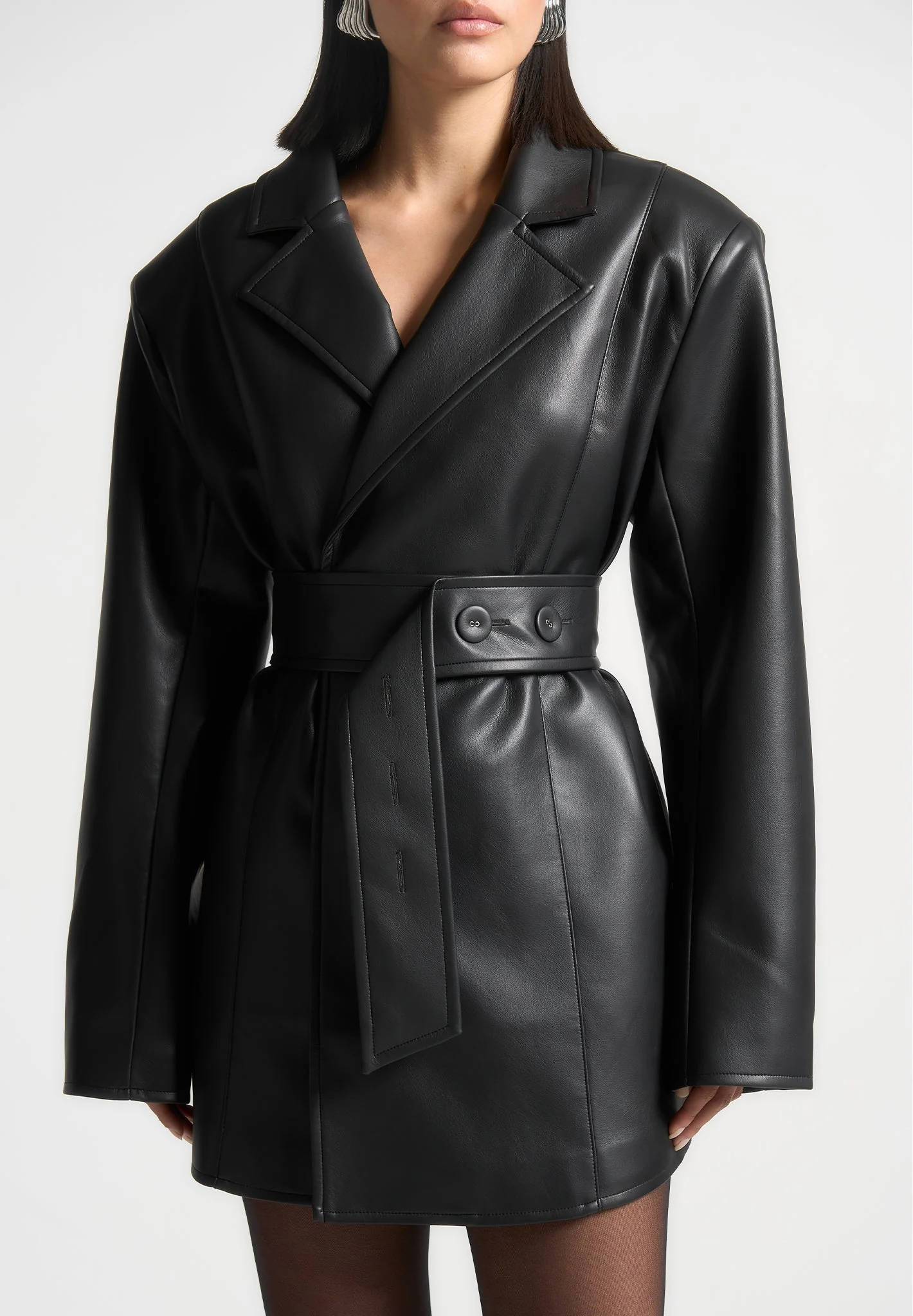 Leather Oversized Belted Blazer Dress - Black - Image 5