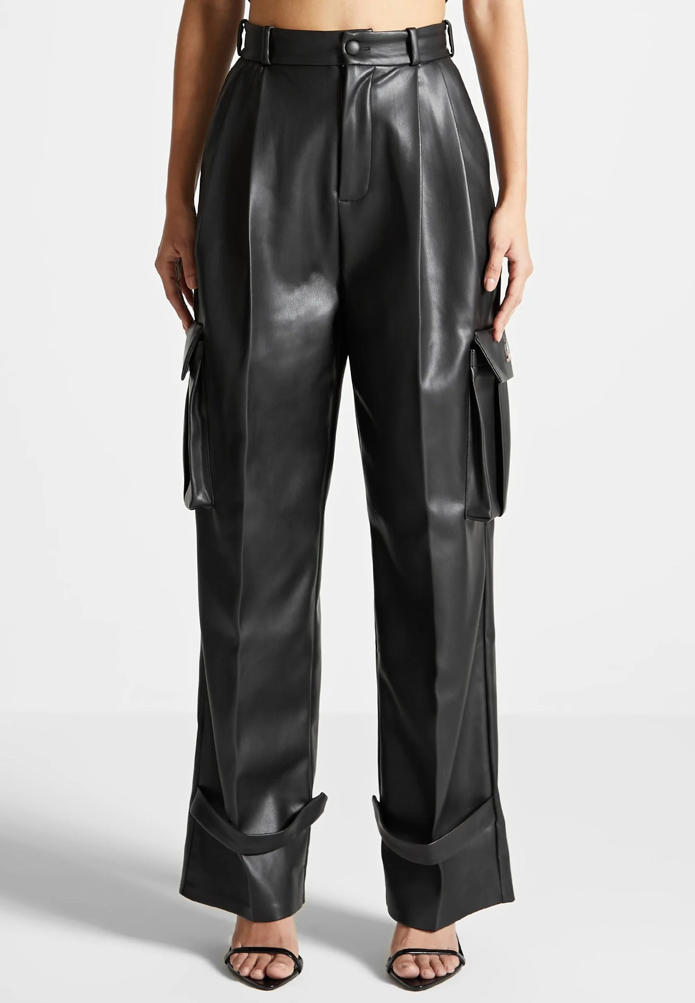 Danielle - Leather Pleated Cargo Trousers - Black - Image 2
