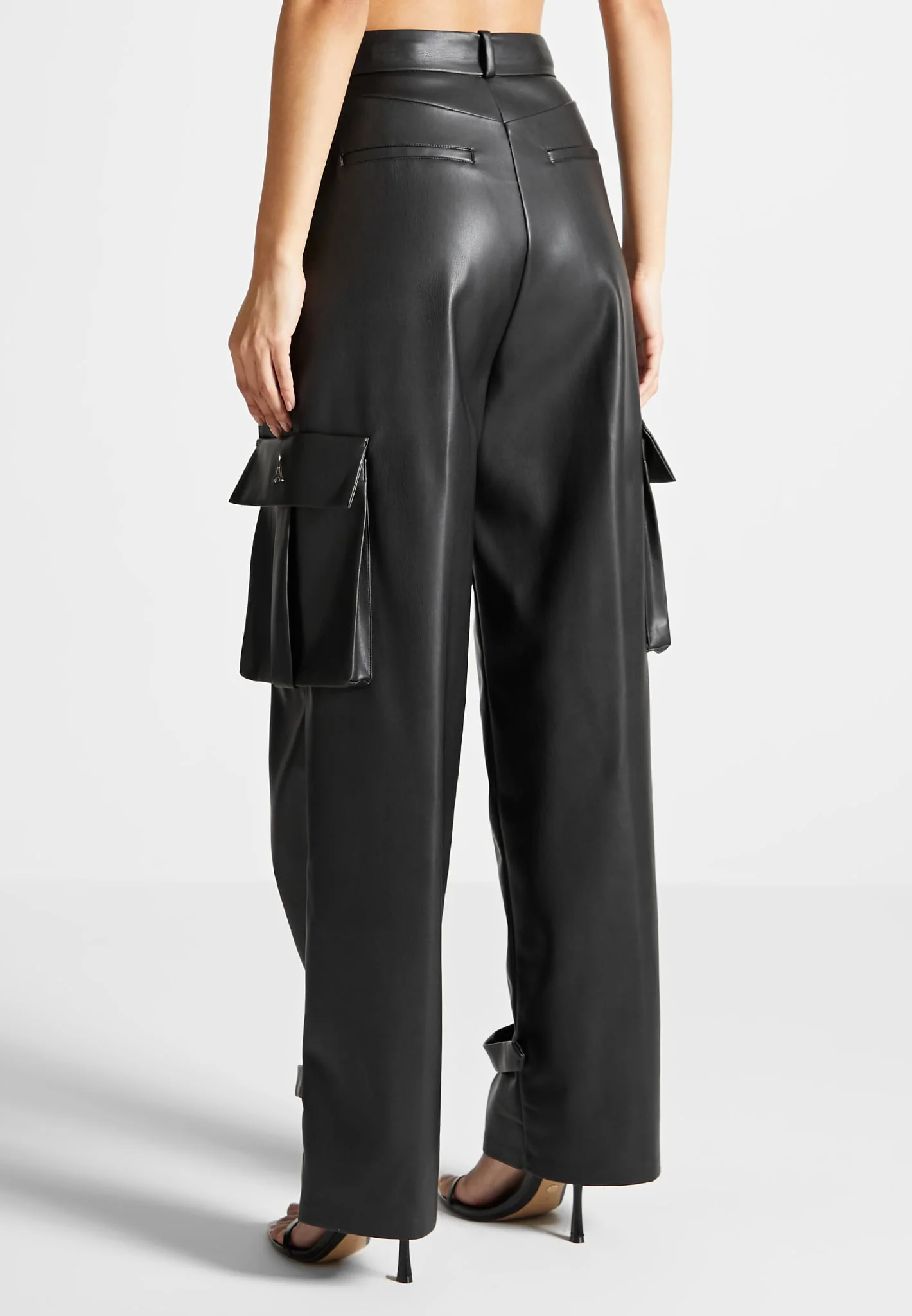 Danielle - Leather Pleated Cargo Trousers - Black - Image 3