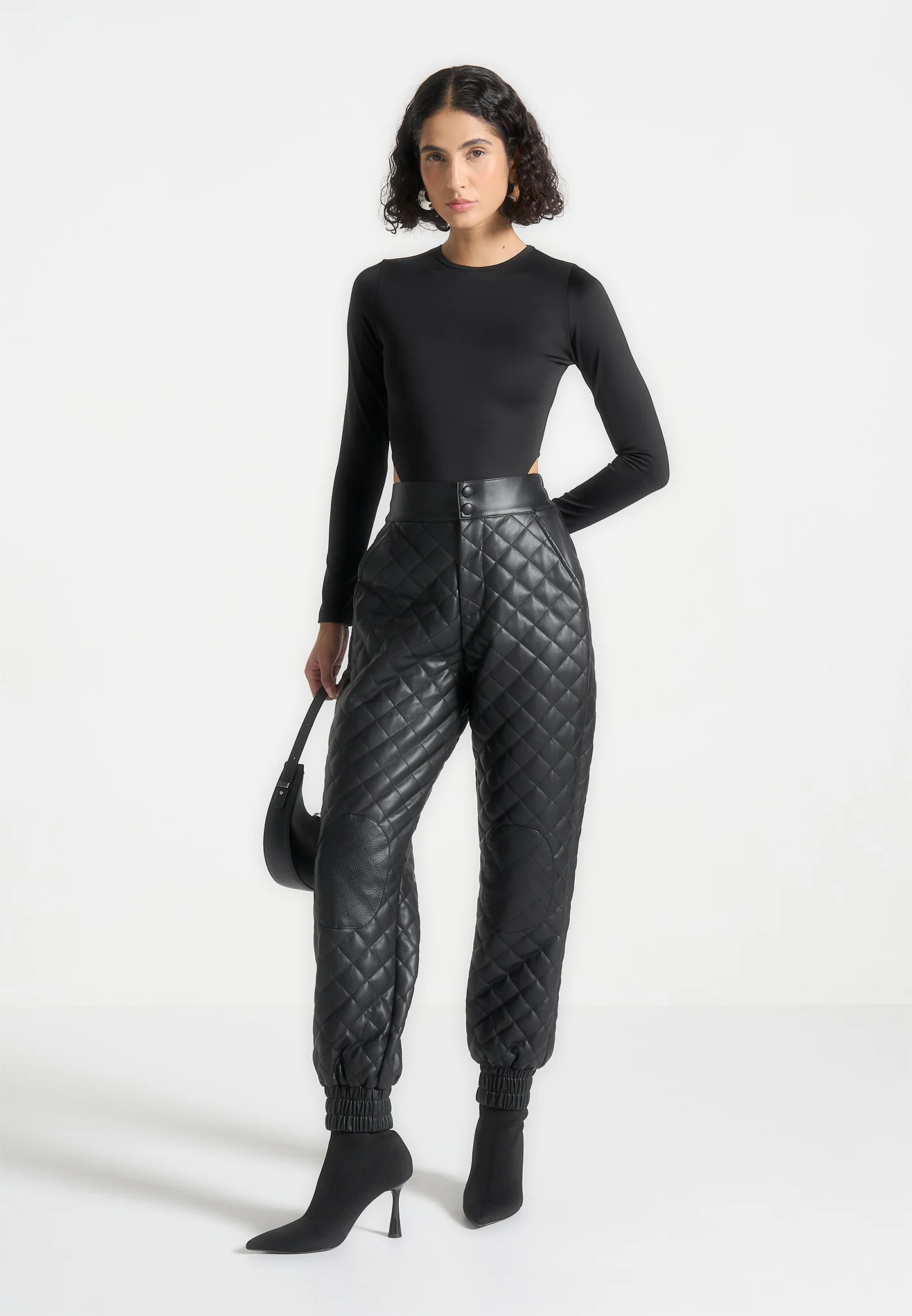 Leather Quilted Joggers - Black - Image 2